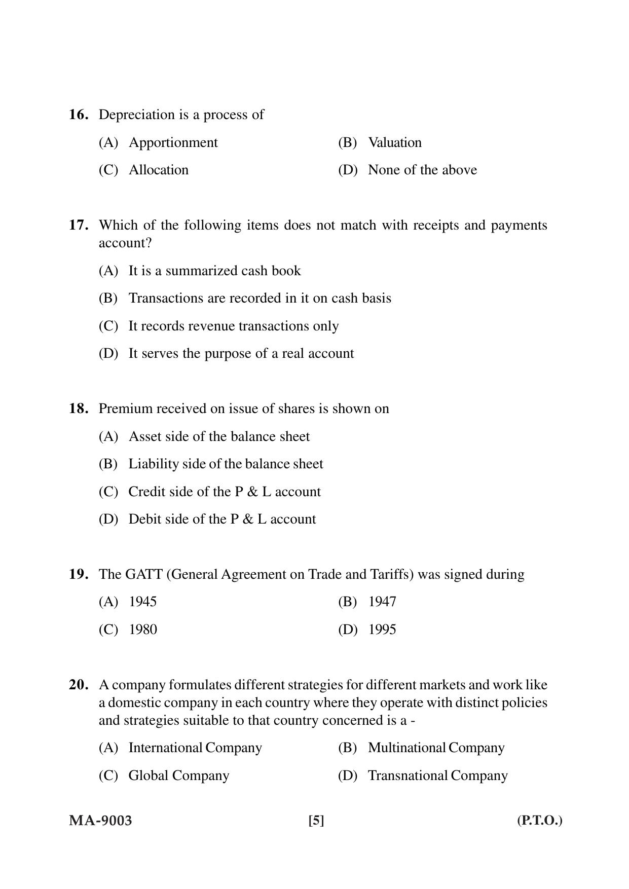 Mysore University PG Entrance Exam 2022: M.Com Comerce (Financial Service) Question Paper - Page 5