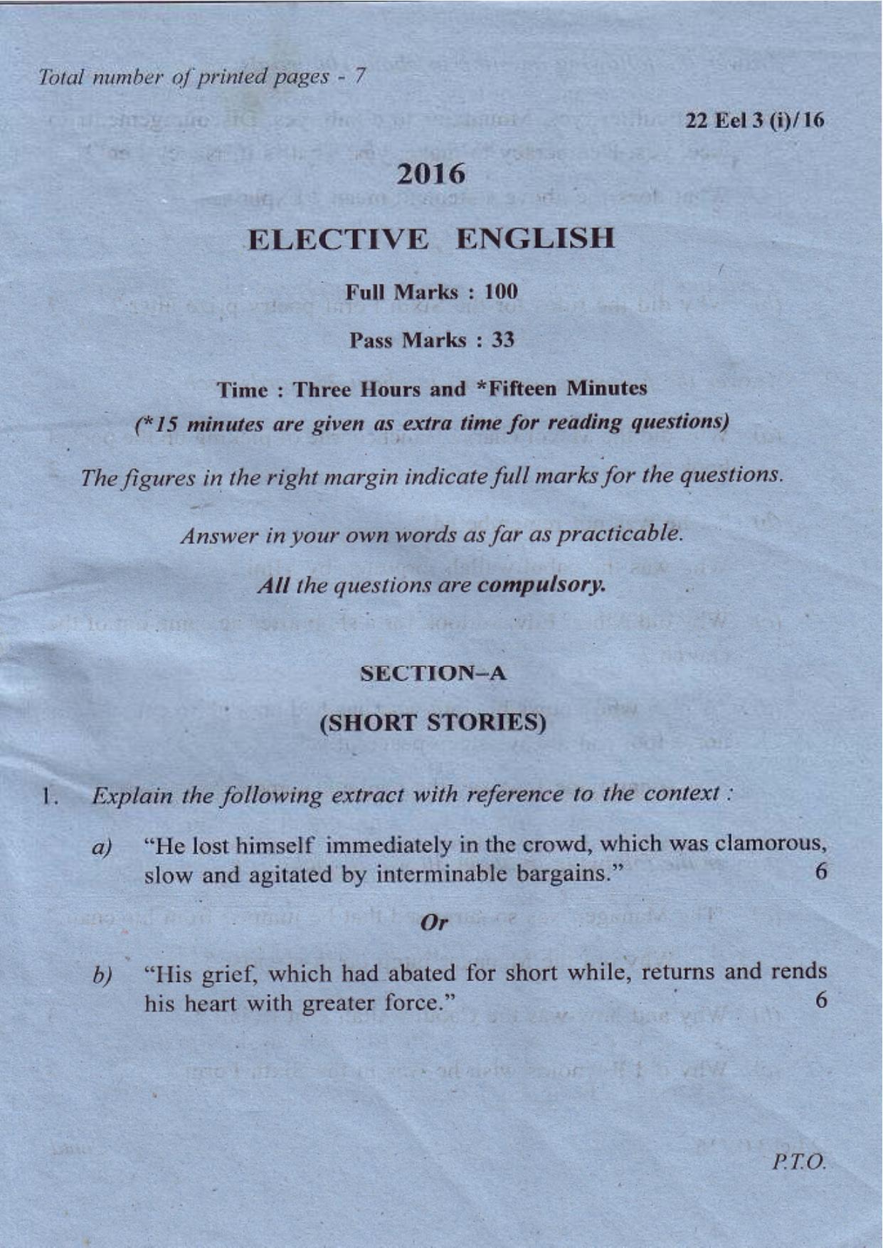 COHSEM Class 12 Elective English 2016 Question Papers - Page 1