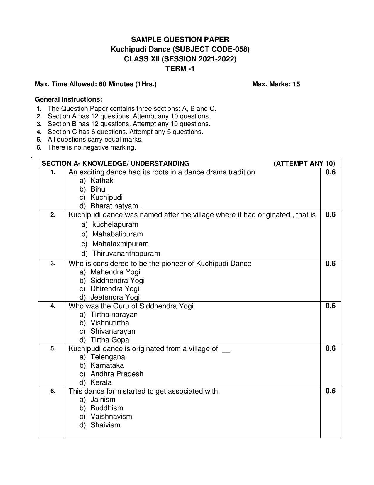 CBSE Class 12th Kuchipudi Sample Question Paper 2021-22 - Page 1