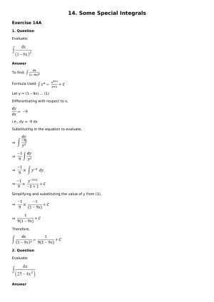 Chapter 14: Some Special Integrals Solutions: RS Aggarwal Class 12 Solutions 