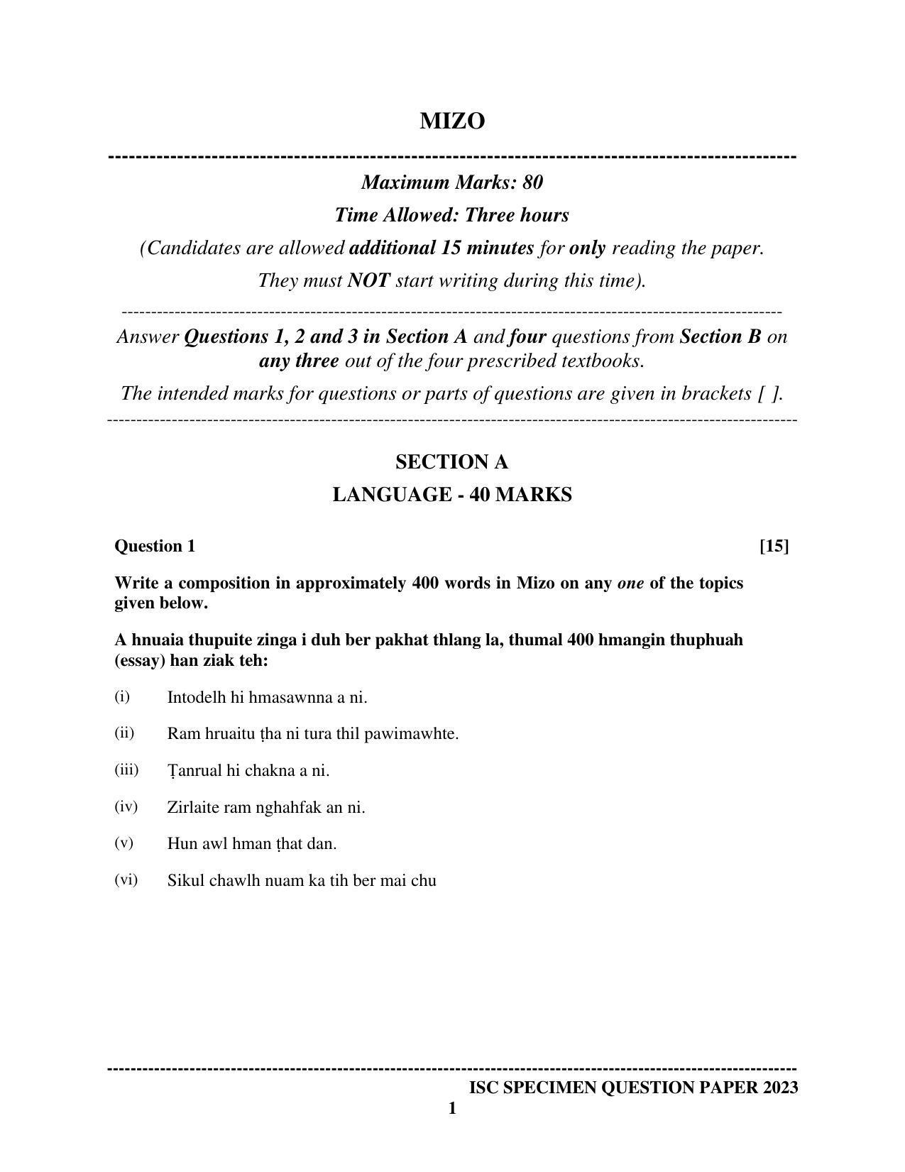 ISC Class 12 Mizo Sample Paper 2023 - Page 1
