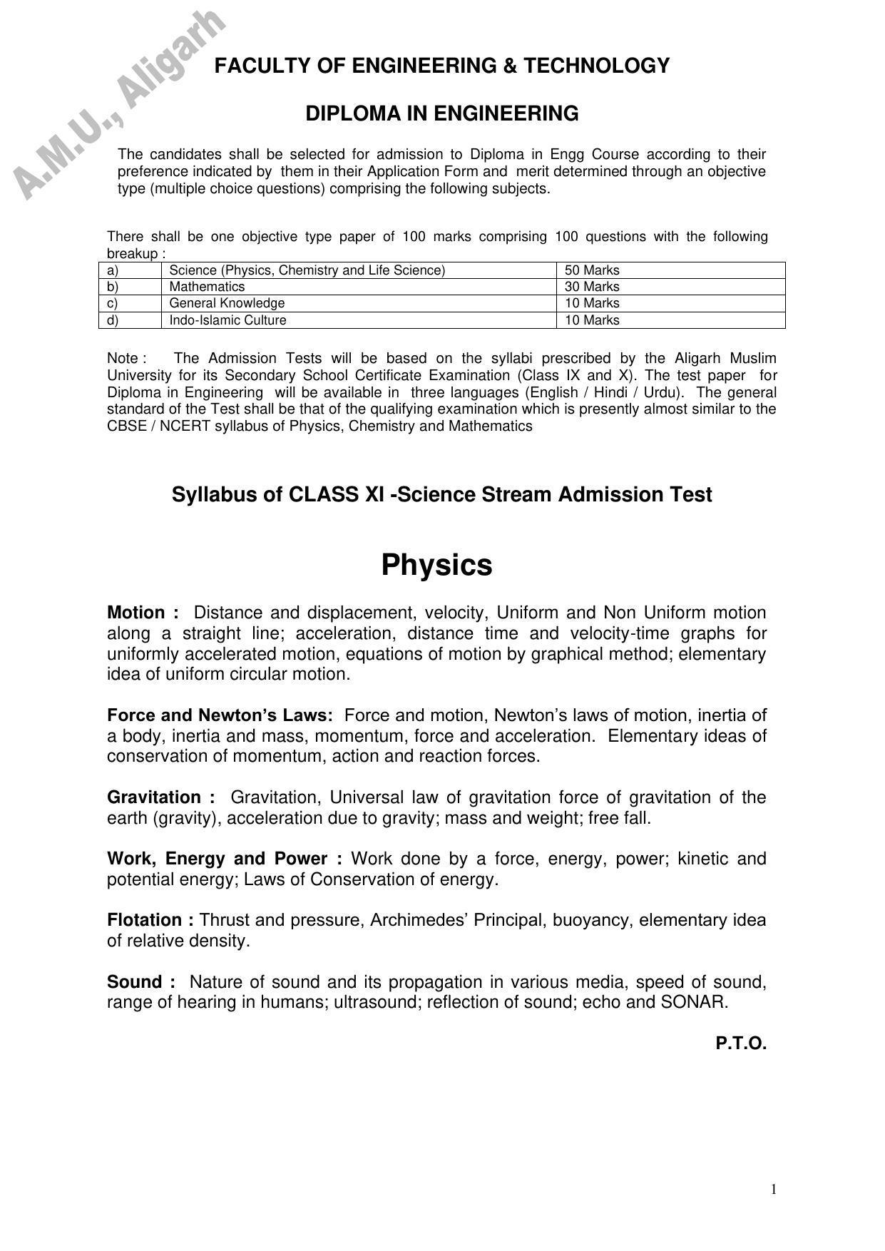 AMU Entrance Exam: Diploma in Engg. Syllabus - Page 1