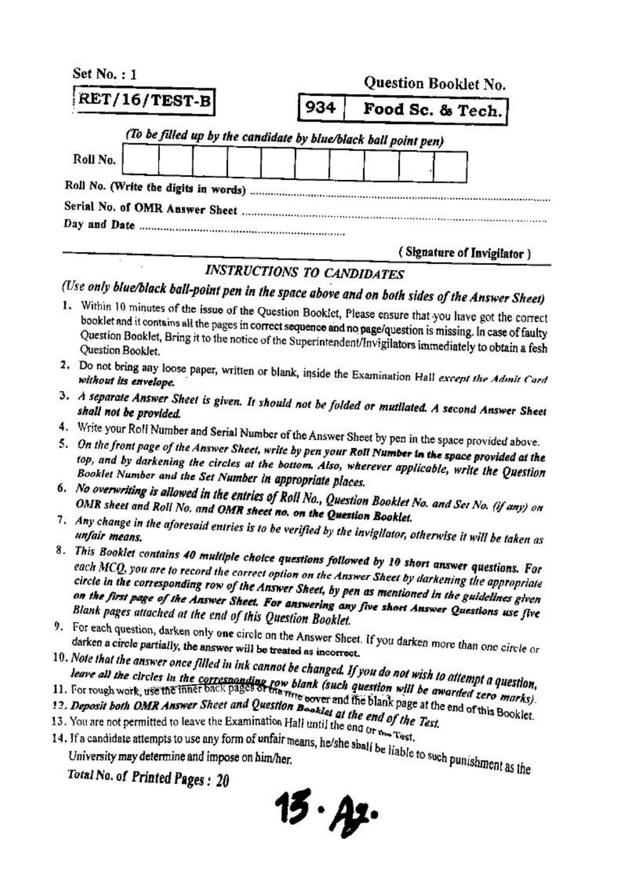 BHU RET (Agriculture) Food Sc. & Tech 2016 Question Paper - Page 1