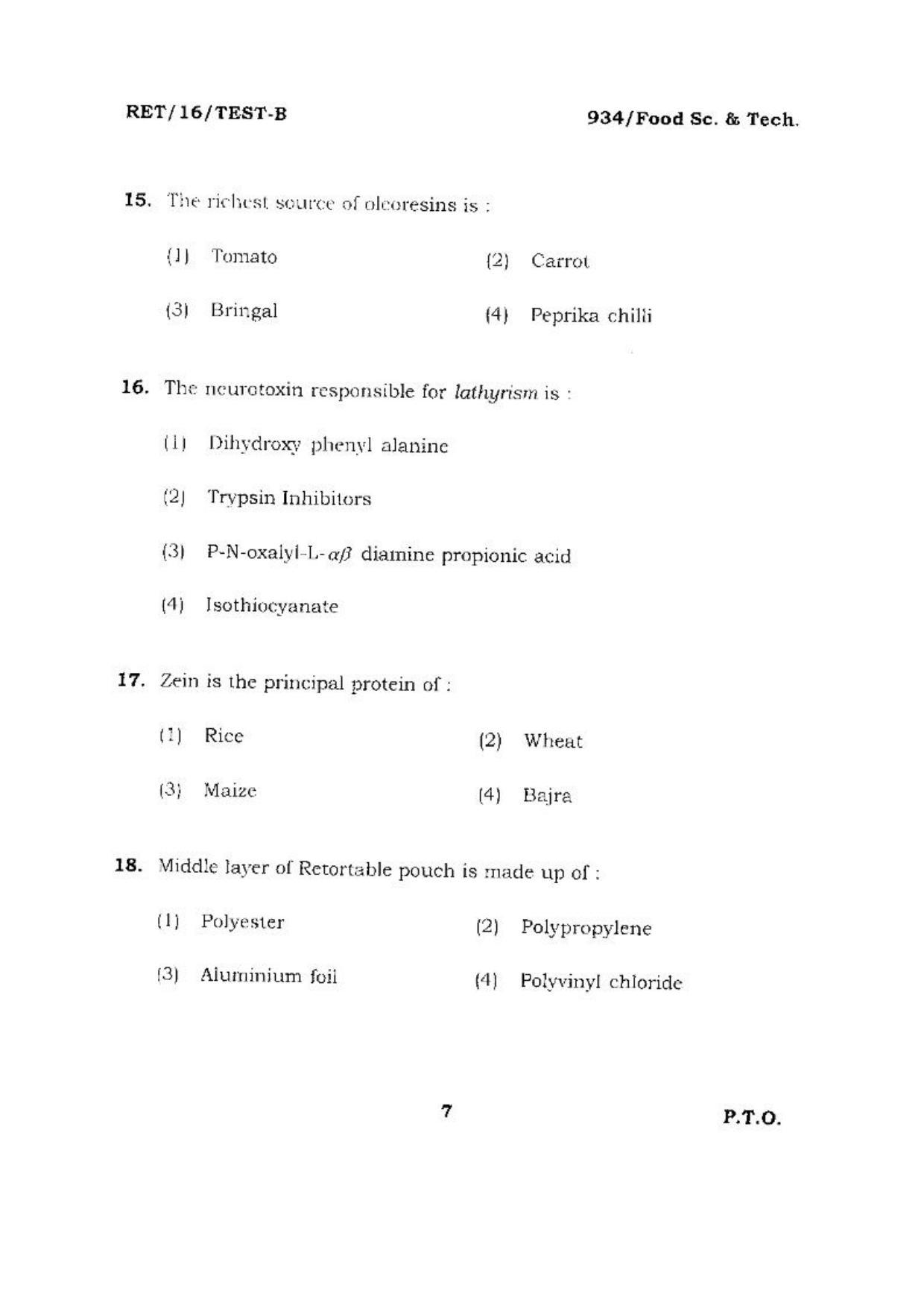 BHU RET (Agriculture) Food Sc. & Tech 2016 Question Paper - Page 7
