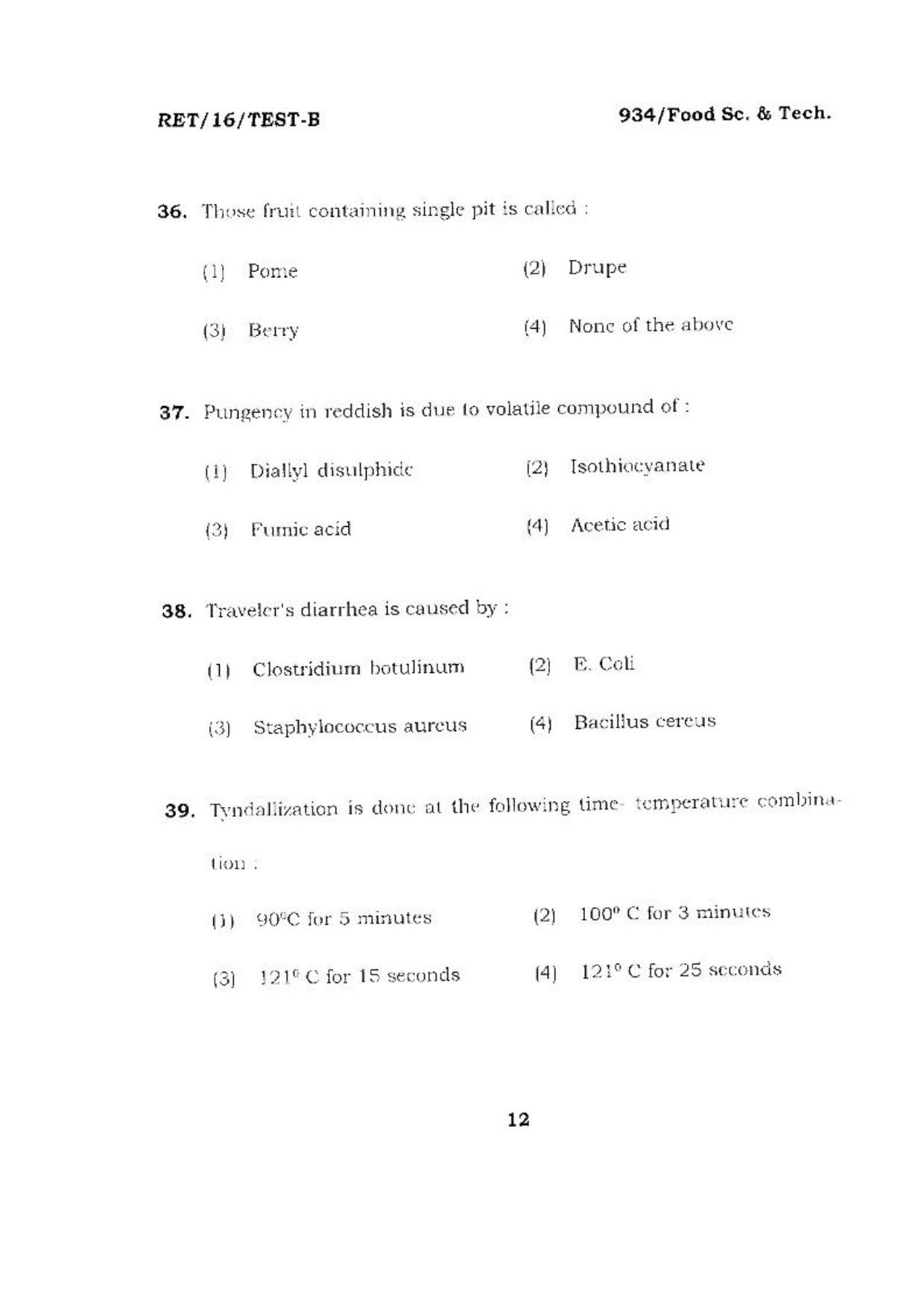 BHU RET (Agriculture) Food Sc. & Tech 2016 Question Paper - Page 12