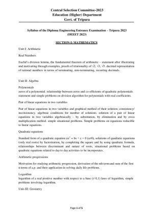 Tripura Diploma Engineering Entrance Exam (DEET) Syllabus 2023