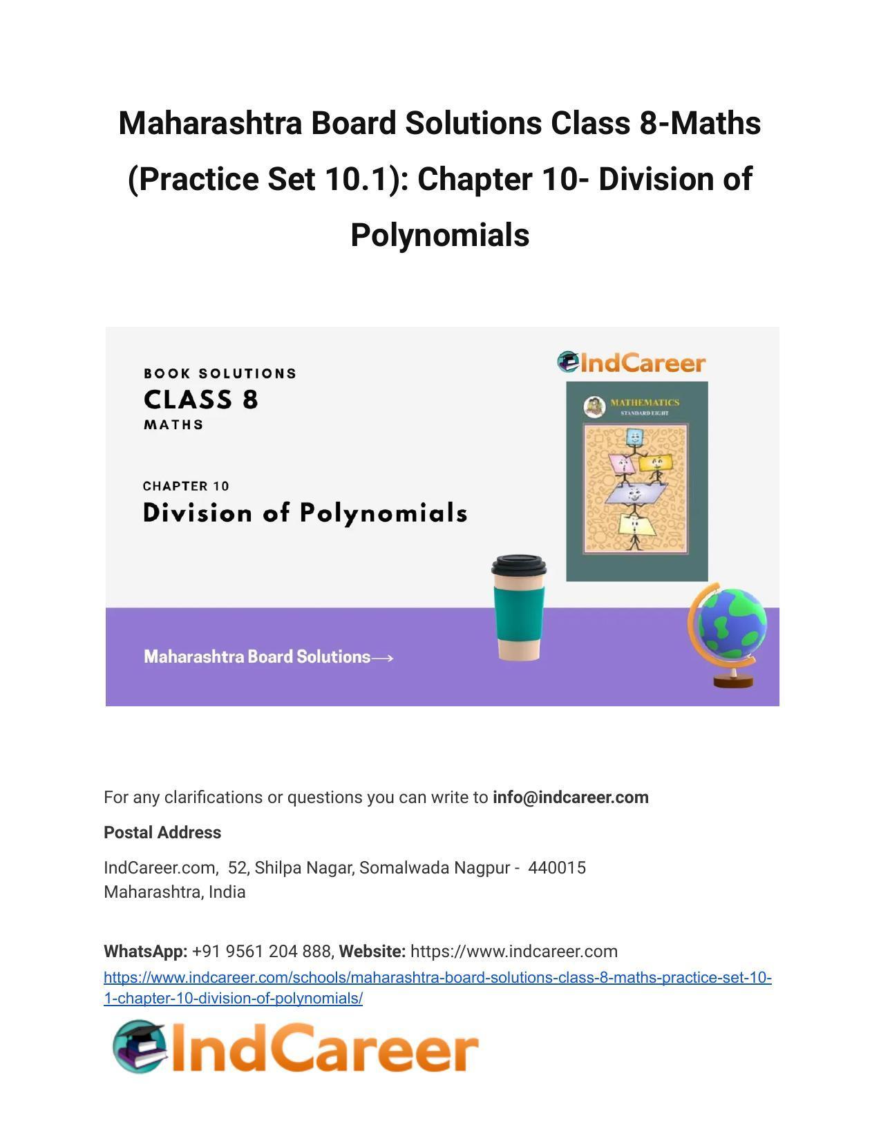 Maharashtra Board Solutions Class 8-Maths (Practice Set 10.1): Chapter 10- Division of Polynomials - Page 1