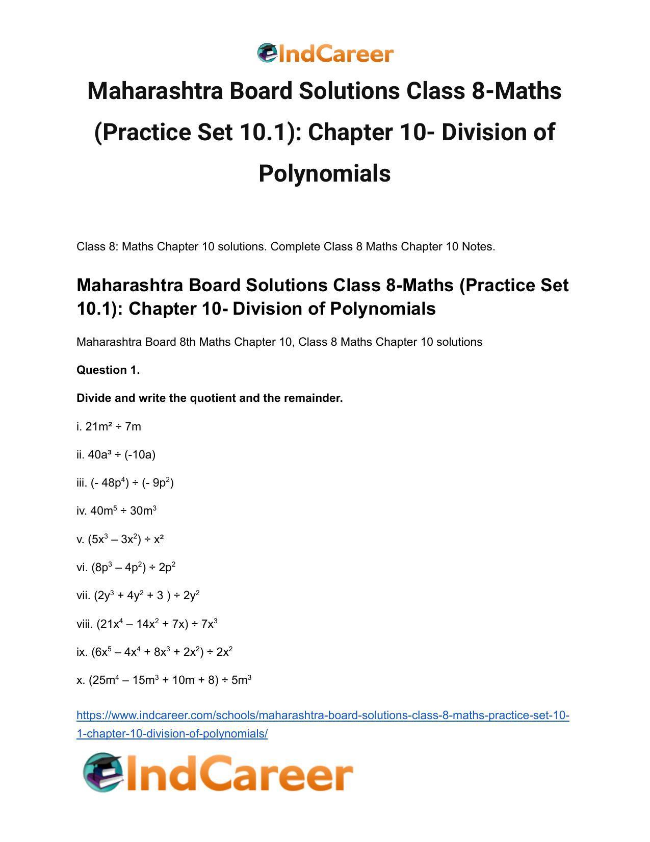 Maharashtra Board Solutions Class 8-Maths (Practice Set 10.1): Chapter 10- Division of Polynomials - Page 2
