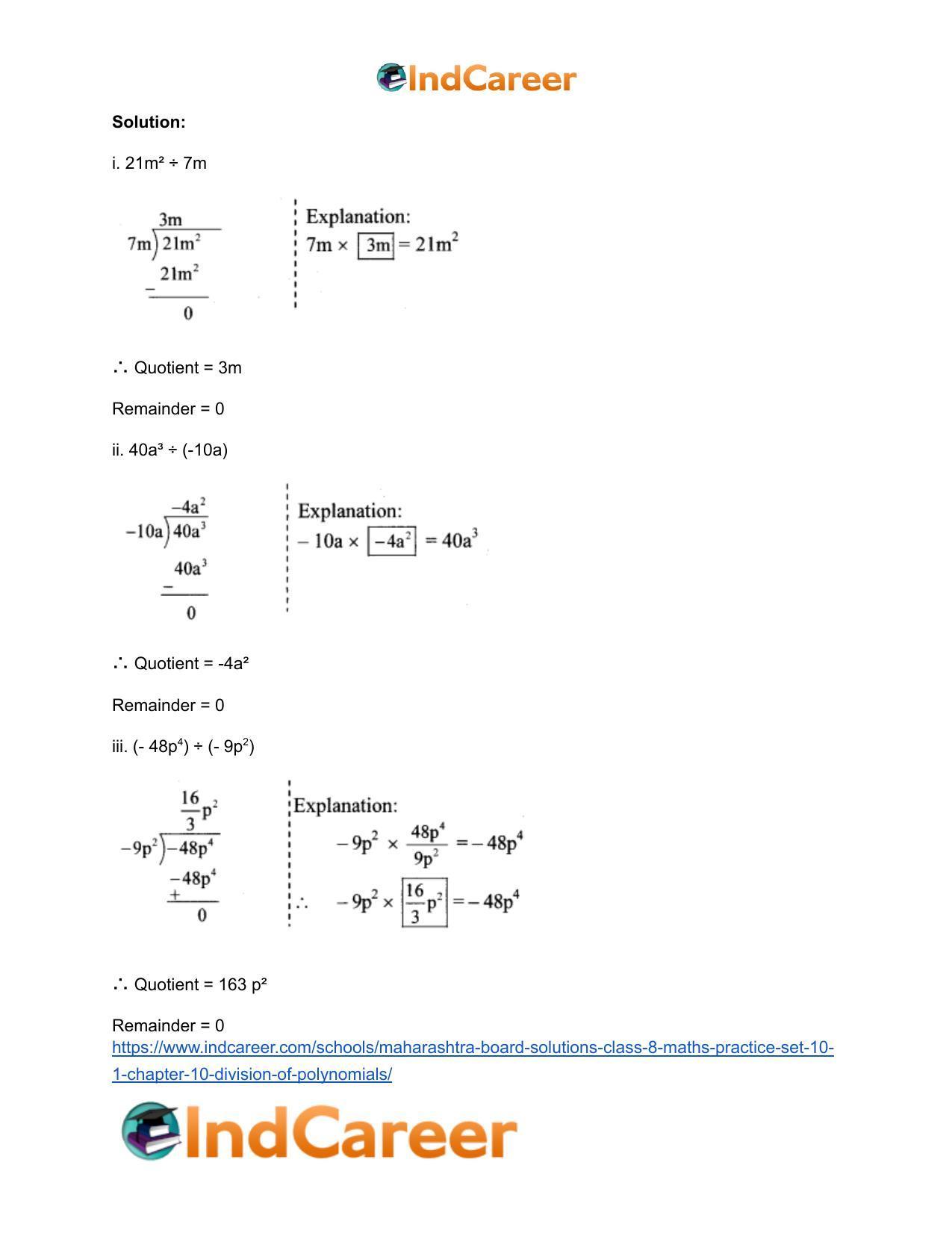 Maharashtra Board Solutions Class 8-Maths (Practice Set 10.1): Chapter 10- Division of Polynomials - Page 3