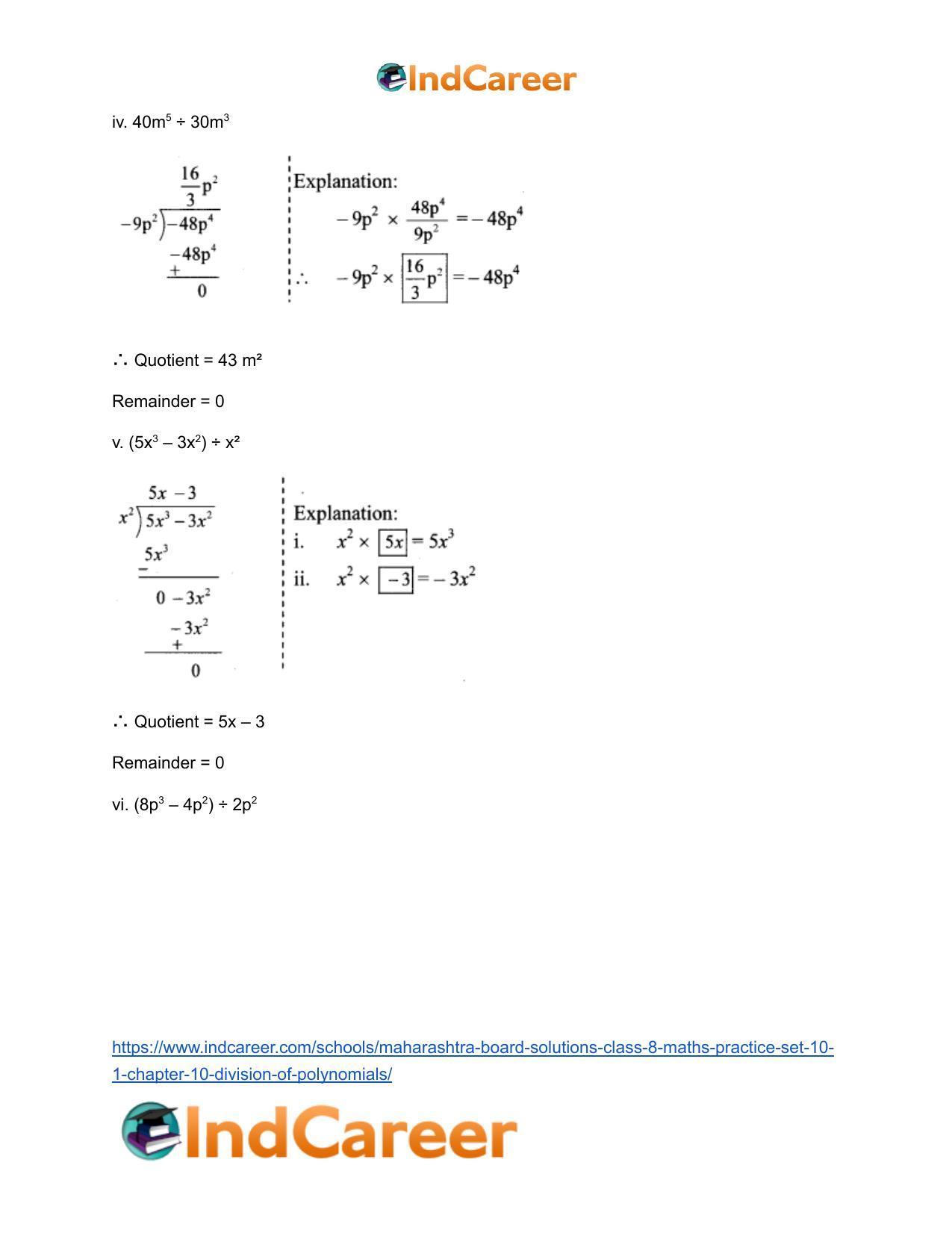 Maharashtra Board Solutions Class 8-Maths (Practice Set 10.1): Chapter 10- Division of Polynomials - Page 4