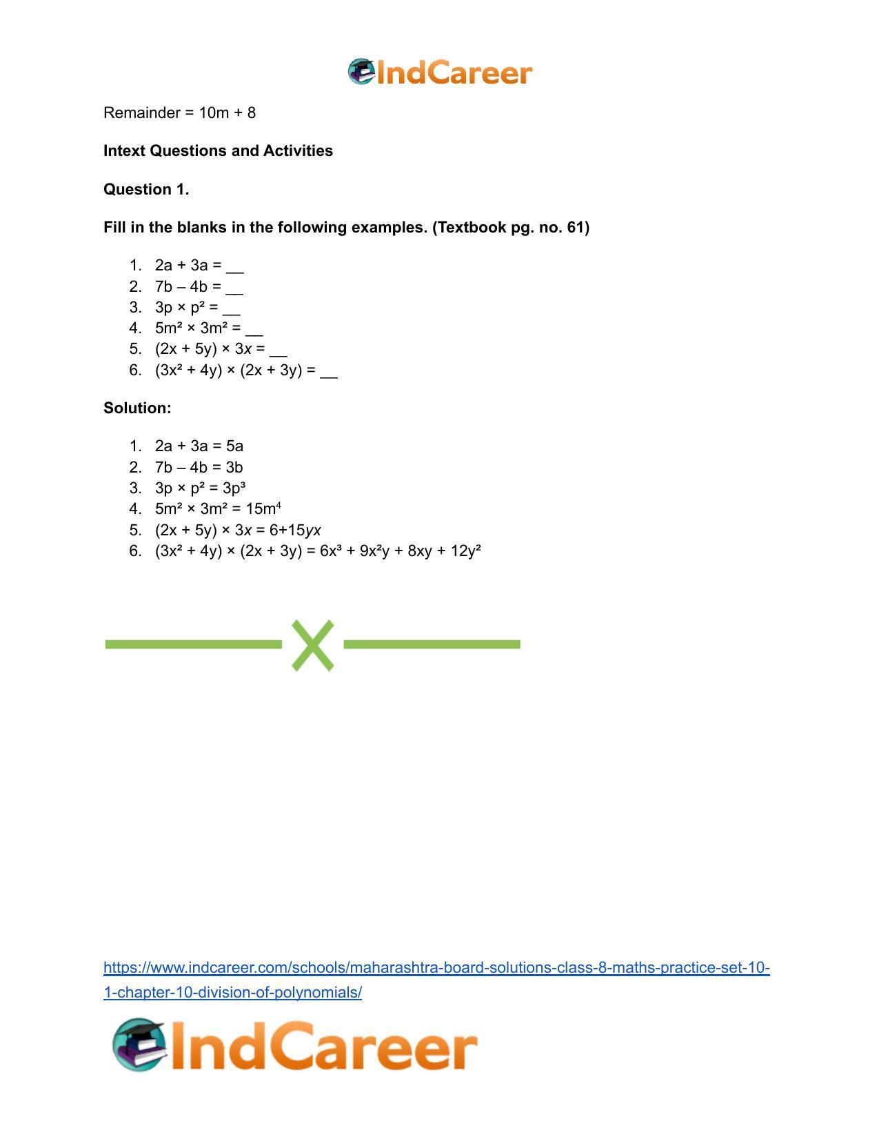 Maharashtra Board Solutions Class 8-Maths (Practice Set 10.1): Chapter 10- Division of Polynomials - Page 7