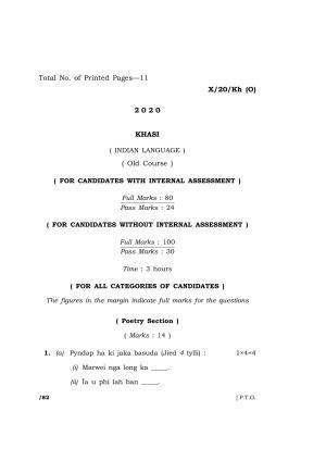 Meghalaya Board (MBOSE) Class 10 KHASI ( INDIAN LANGUAGE ) ( Old Course ) 2020 Question Paper