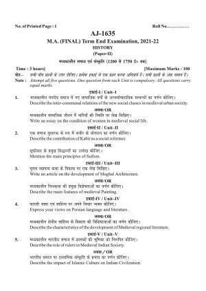 Bilaspur University Question Paper 2021-2022:M.A (Final) History Medieval India (Society,Culture)(1200 A.D.-1750 A.D.) Paper 1