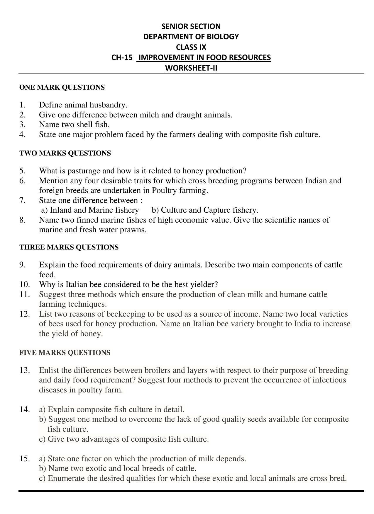 CBSE Worksheets for Class 9 Science Improvement in Food Resources Assignment 2 - Page 1