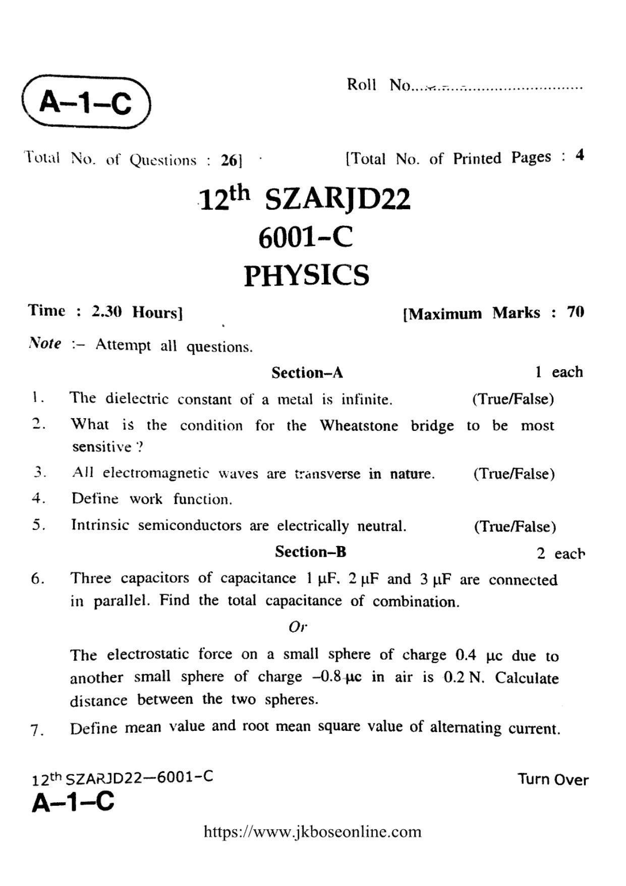 JKBOSE Class 12 Physics 6001-C Question Papers 2022 - Page 1
