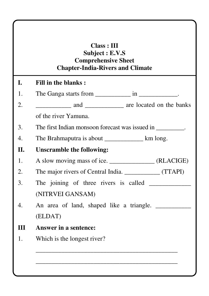 Worksheet for Class 3 EVS Assignment 13 India Rivers and Climate - Page 2