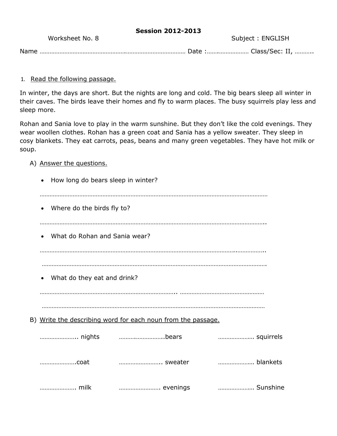 Worksheet for Class 2 English Assignment 9 - Page 1