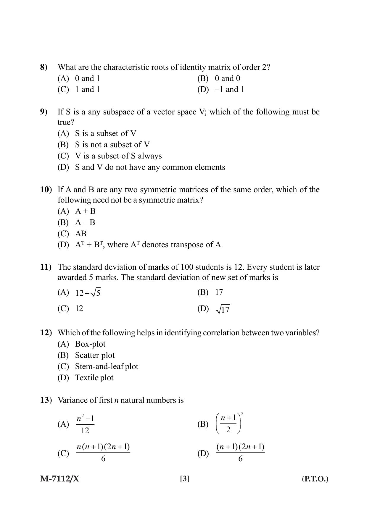 Mysore University PG Entrance Exam 2019: Statistics Question Paper - Page 3
