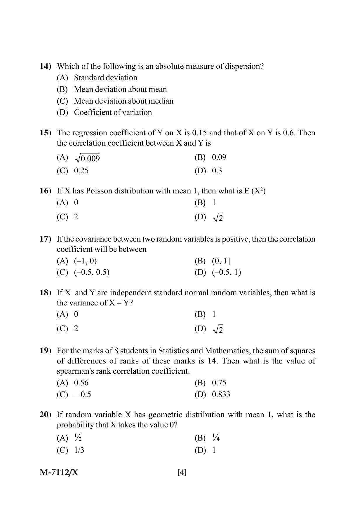 Mysore University PG Entrance Exam 2019: Statistics Question Paper - Page 4