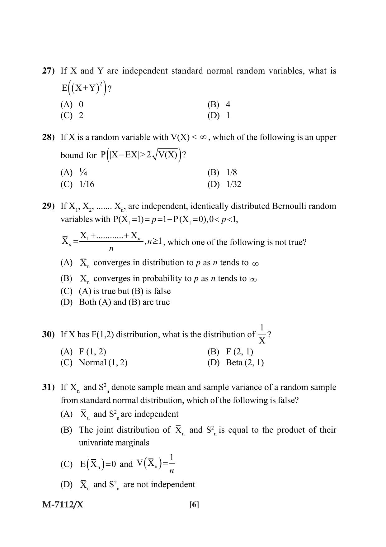 Mysore University PG Entrance Exam 2019: Statistics Question Paper - Page 6