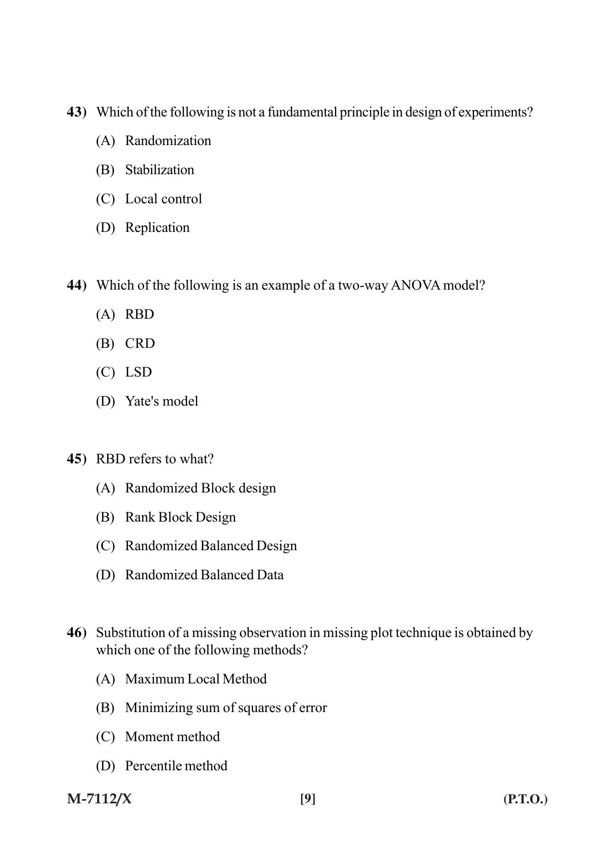 Mysore University PG Entrance Exam 2019: Statistics Question Paper - Page 9