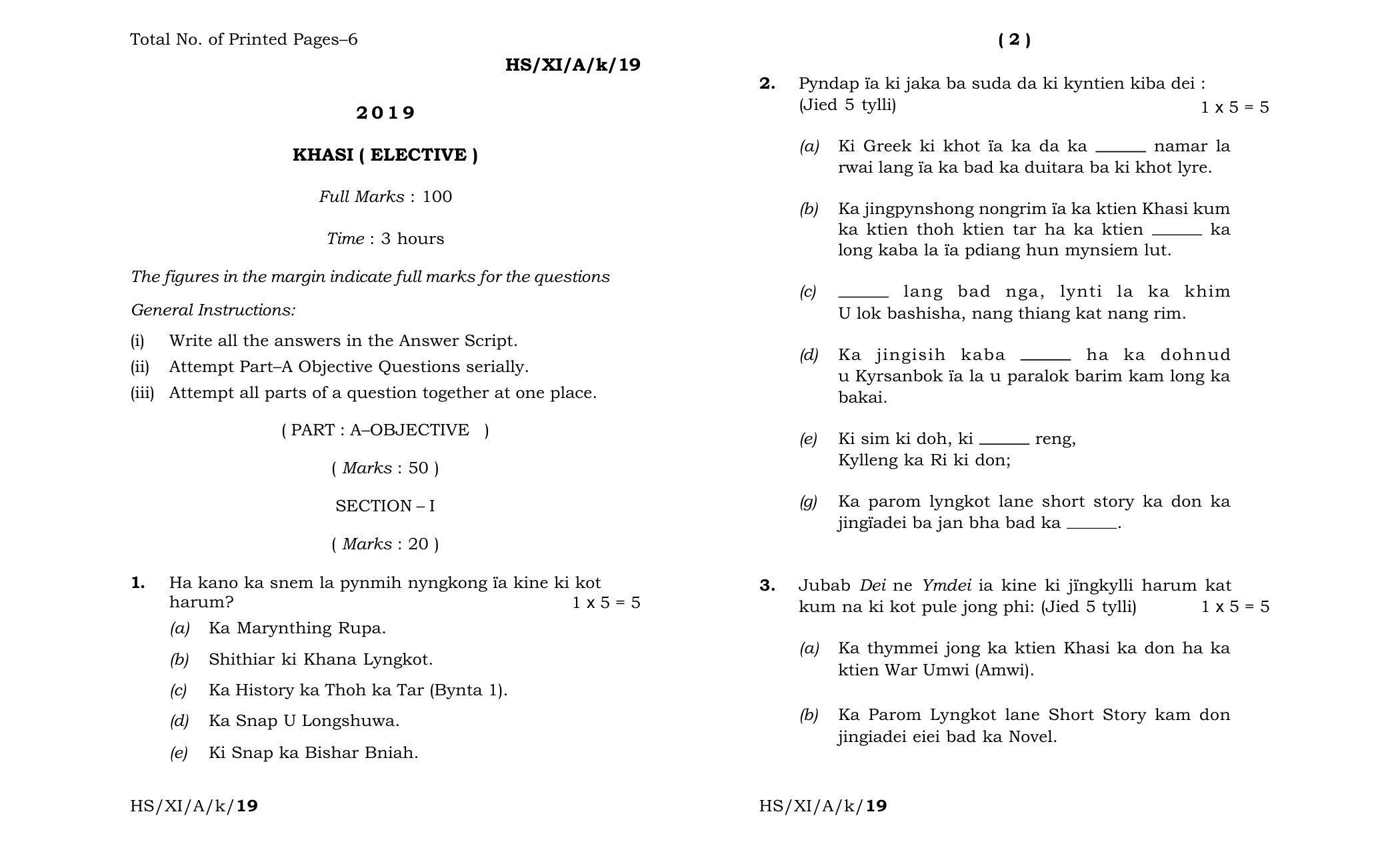 Meghalaya Board (MBOSE) Class 11 Khasi_Elective 2019 Question Paper - Page 1