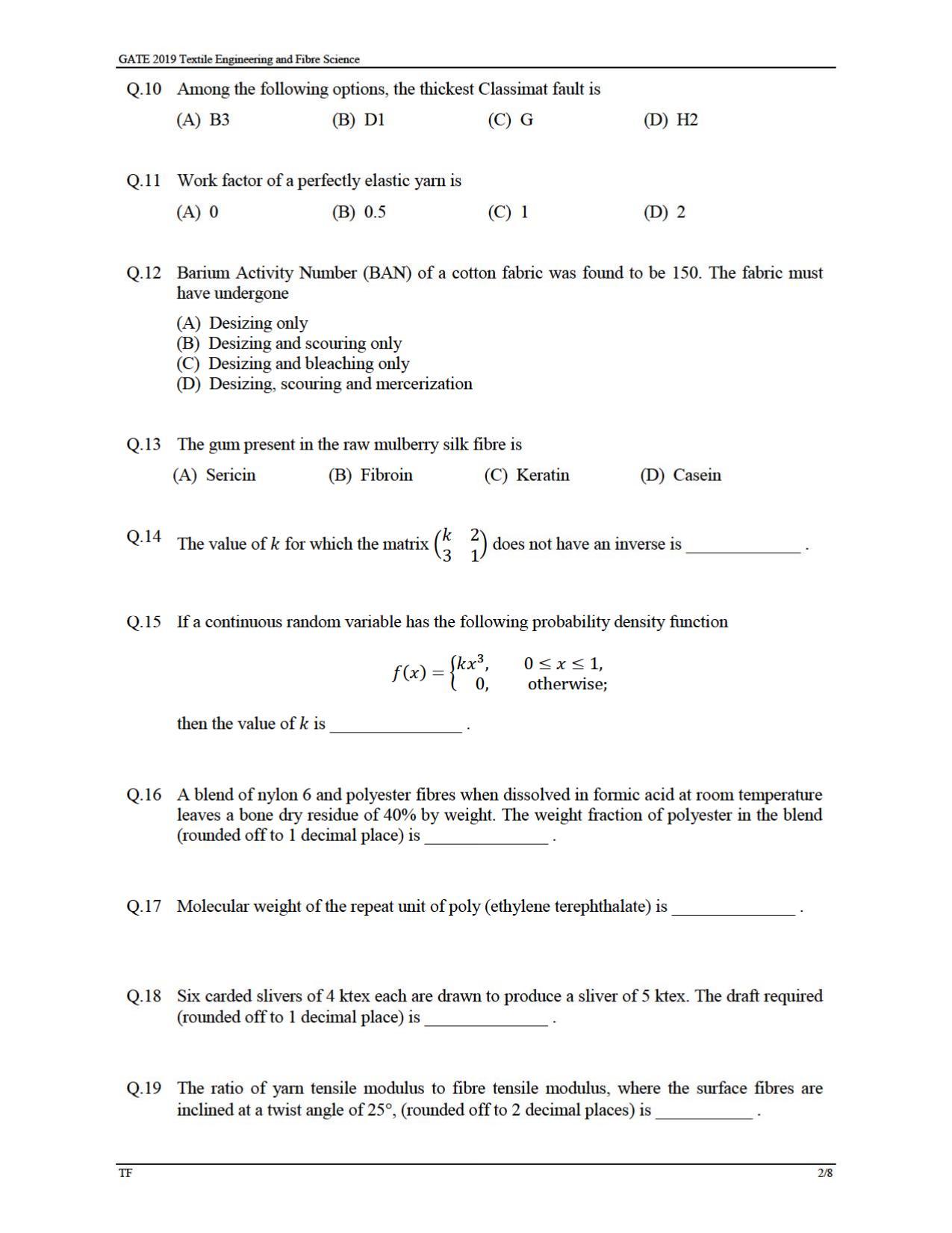 GATE 2019 Textile Engineering and Fibre Science (TF) Question Paper - Page 5