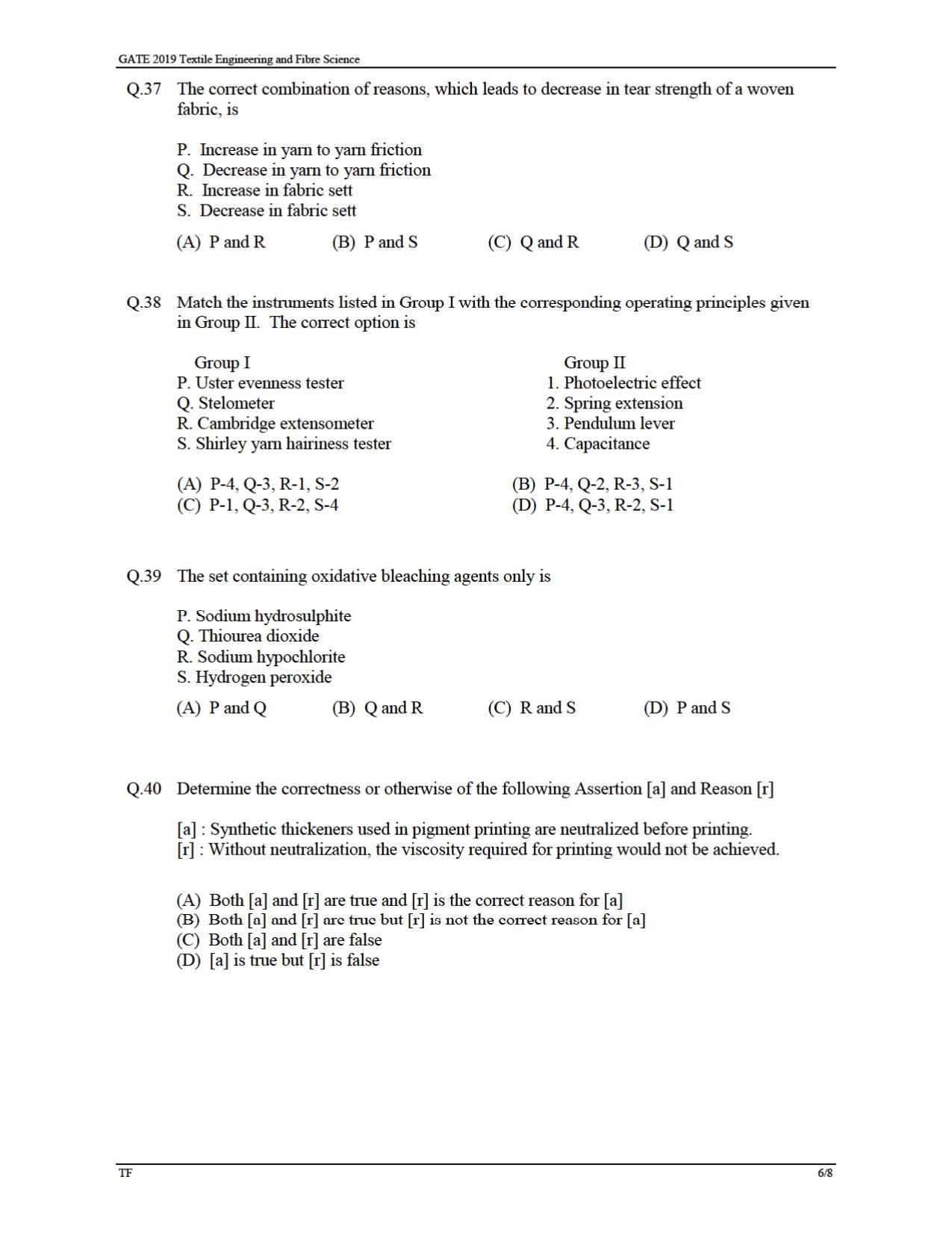 GATE 2019 Textile Engineering and Fibre Science (TF) Question Paper - Page 9