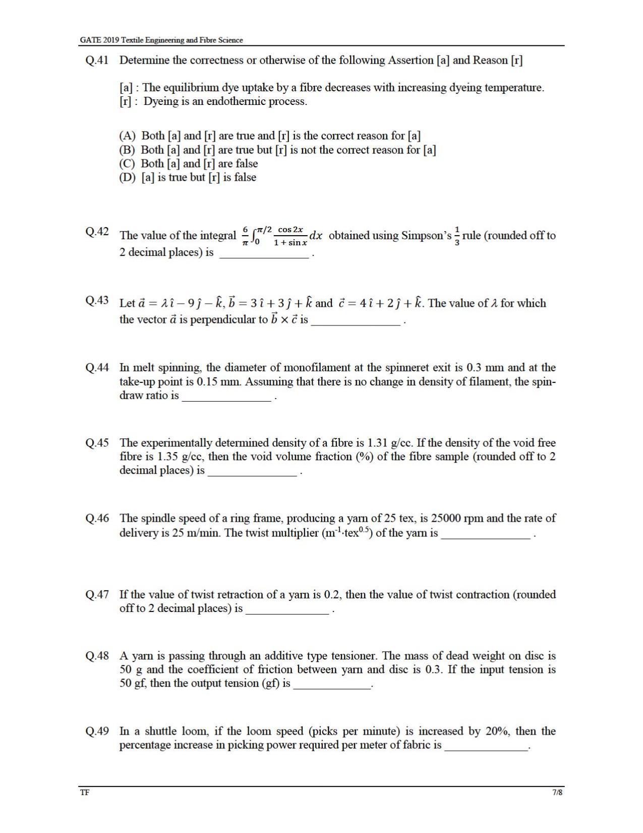 GATE 2019 Textile Engineering and Fibre Science (TF) Question Paper - Page 10