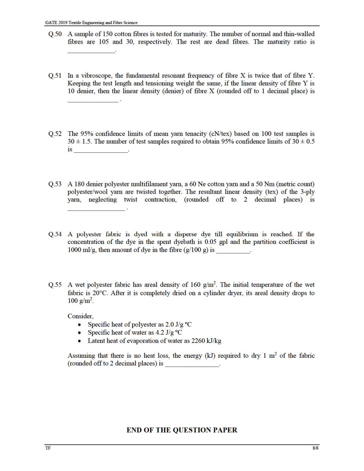 GATE 2019 Textile Engineering and Fibre Science (TF) Question Paper - Page 11