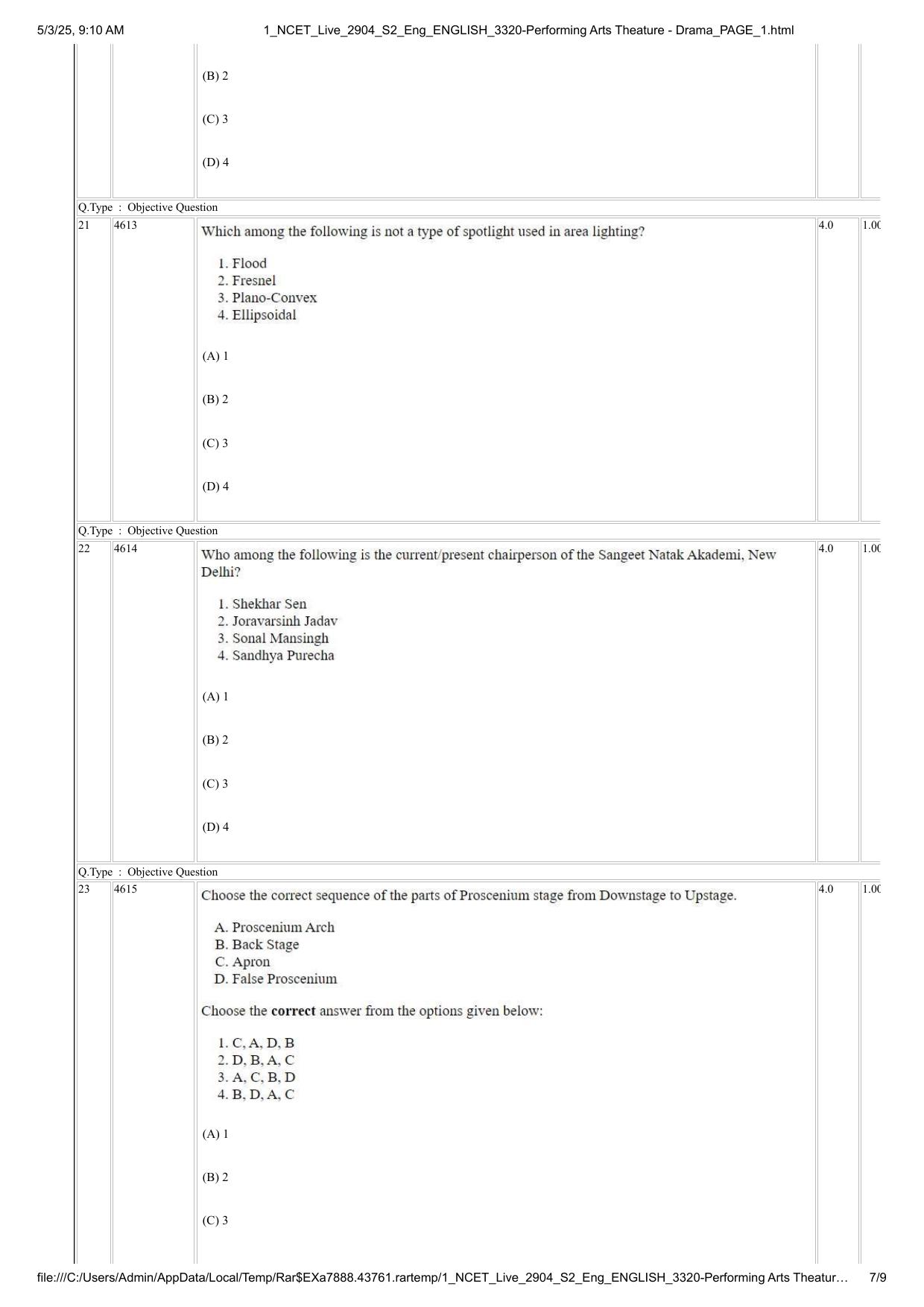 NCET 2025 Question Paper - Performing Arts Theatre - Dram - Page 7