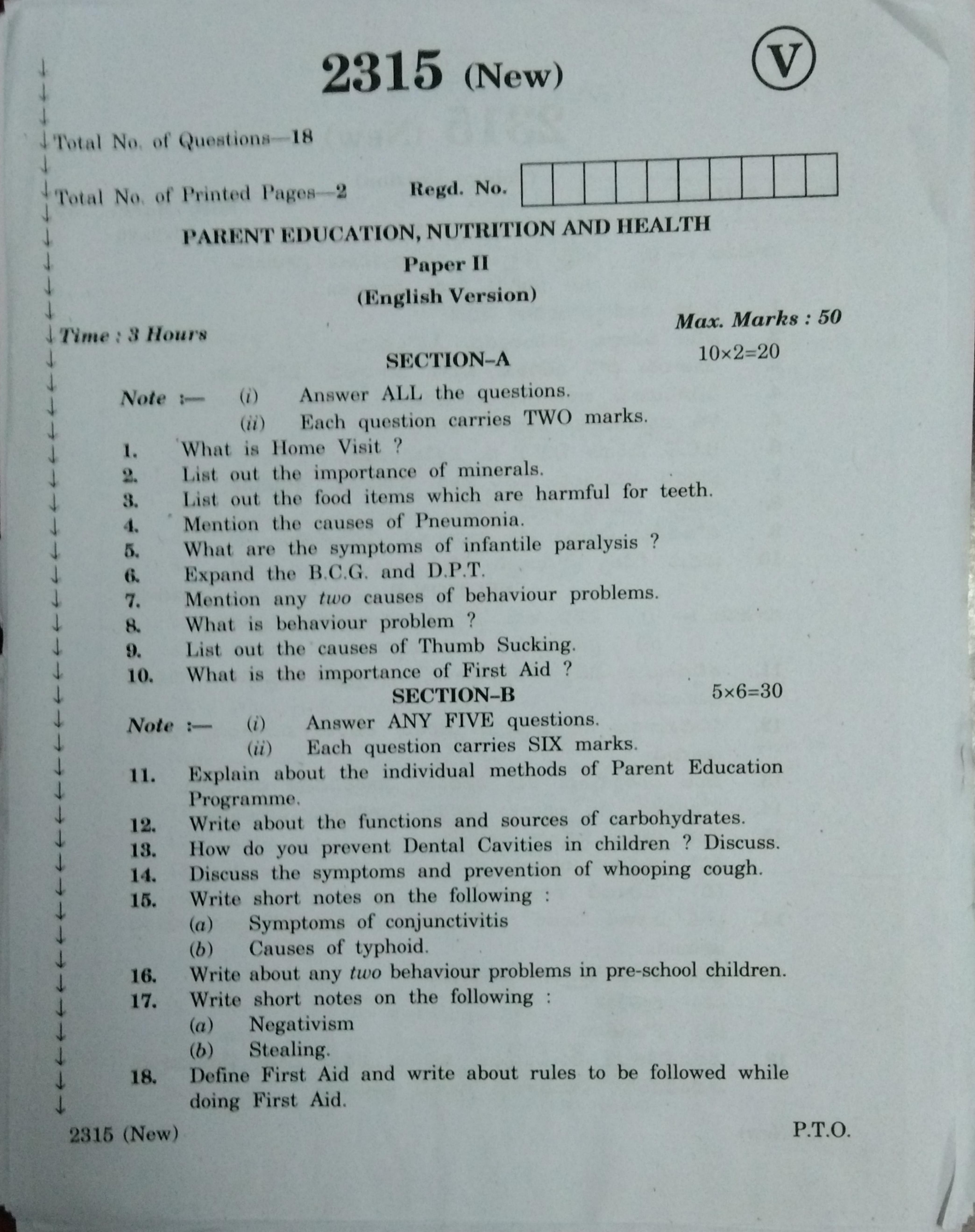AP Inter 2nd Year Parent Education Nutrition Health-II (new) March-2020-Vocational Question Paper - Page 1
