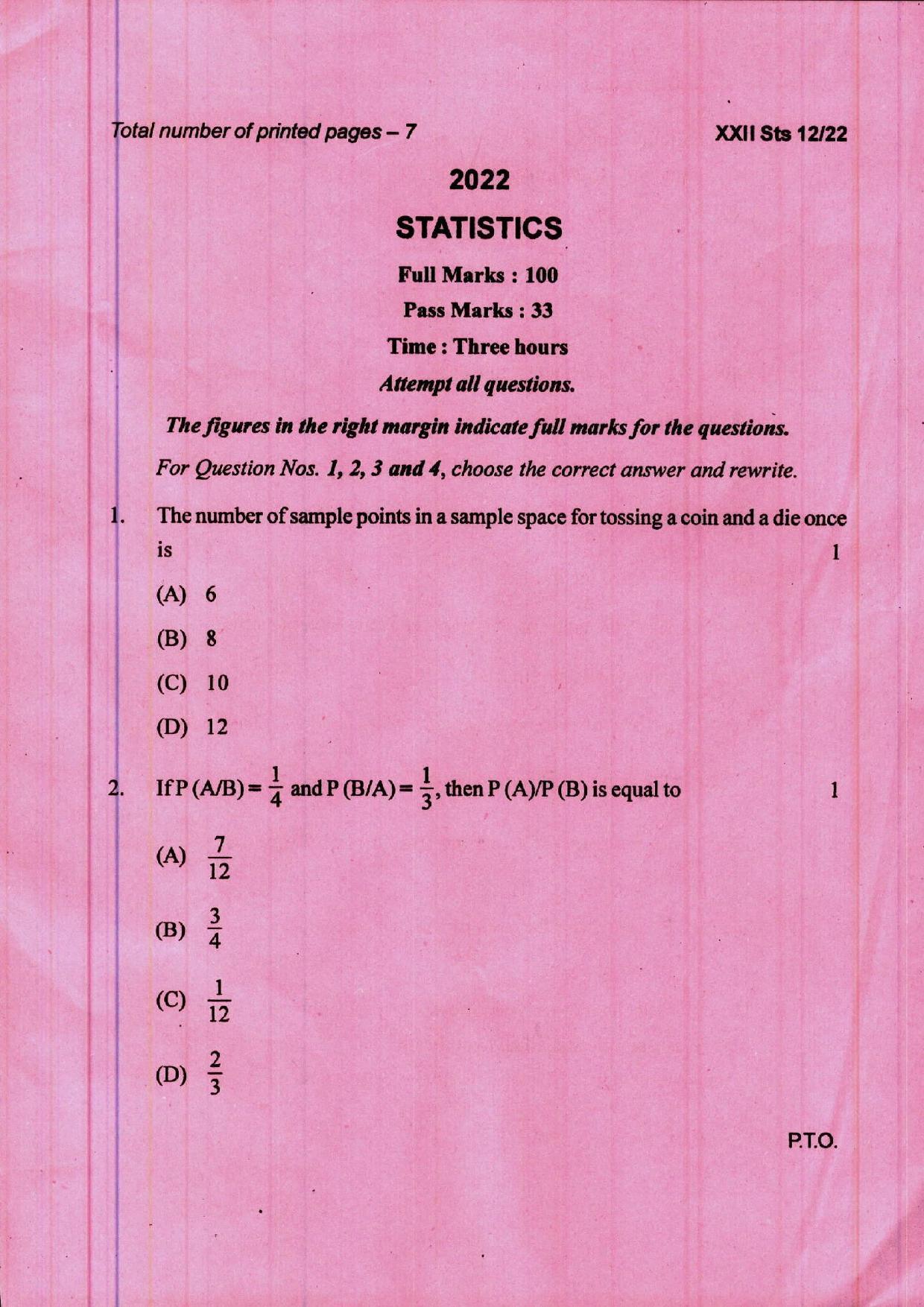 COHSEM 12th Question Papers 2022 Statistics - Page 1