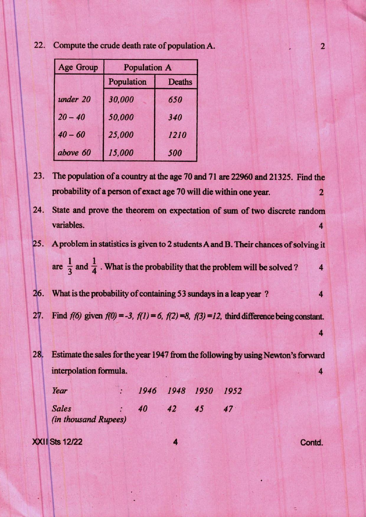 COHSEM 12th Question Papers 2022 Statistics - Page 4