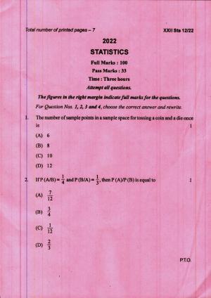 COHSEM 12th Question Papers 2022 Statistics