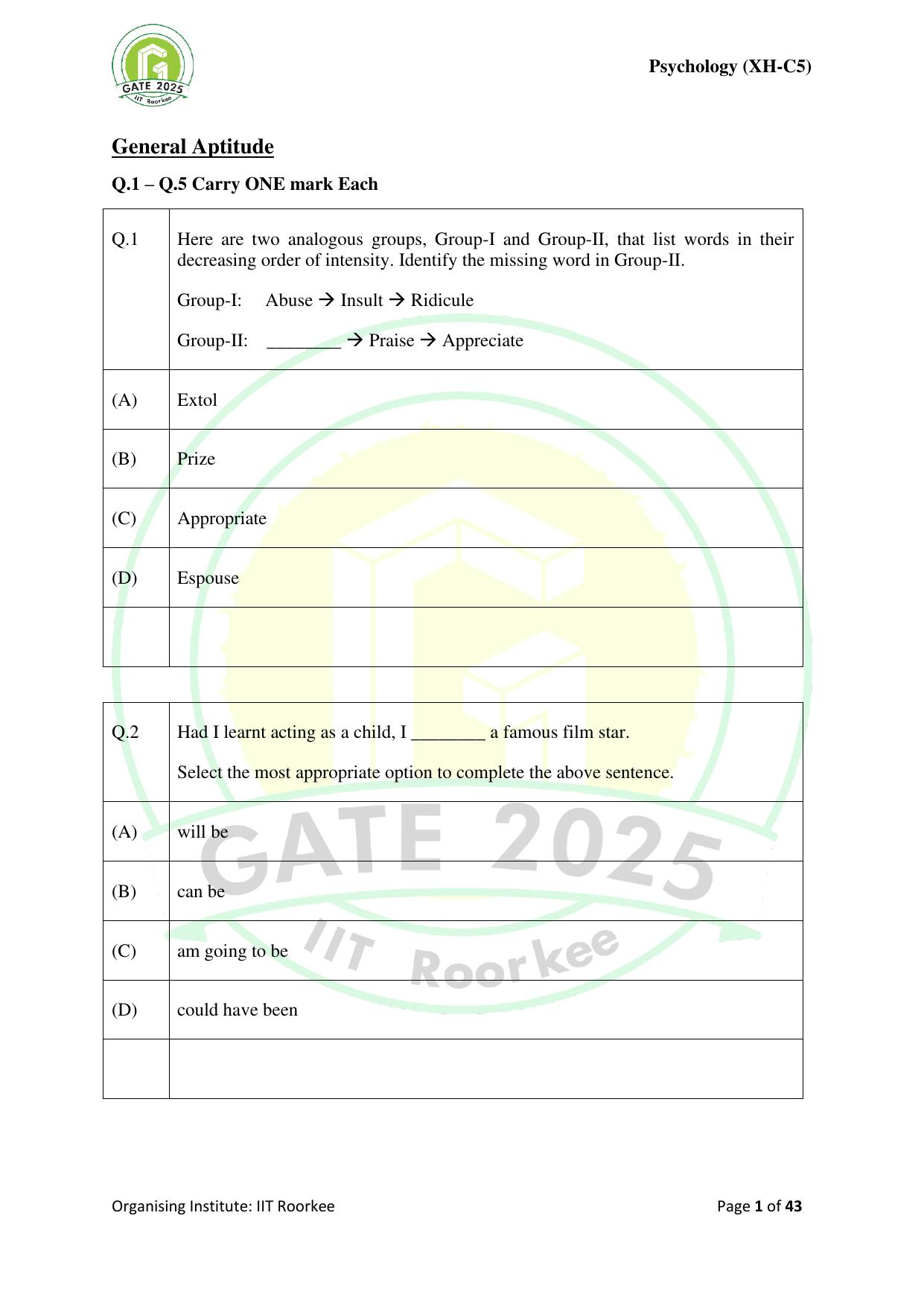 GATE 2025 Humanities & Social Sciences - Psychology (XH-C5) Question Paper - Page 1