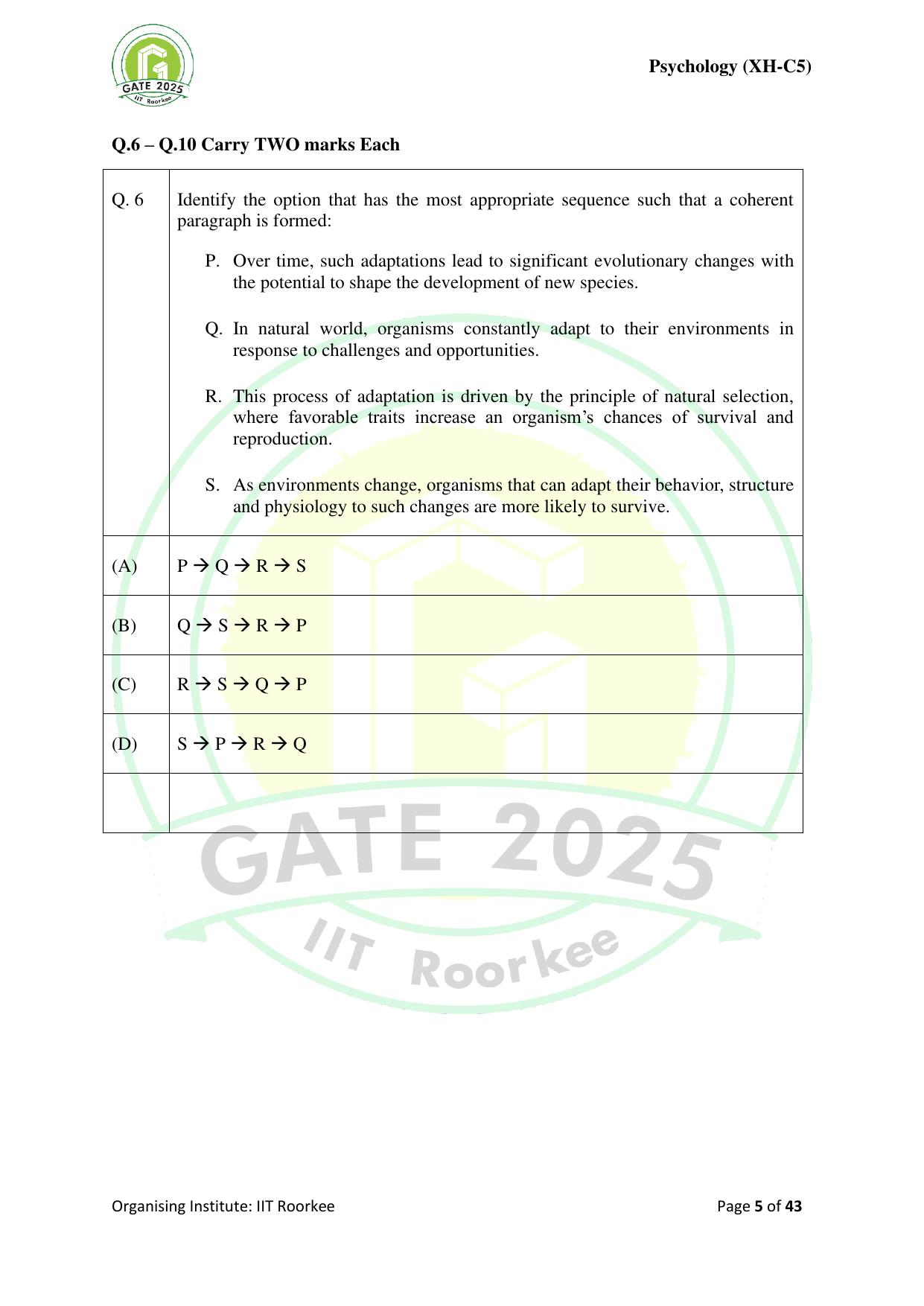 GATE 2025 Humanities & Social Sciences - Psychology (XH-C5) Question Paper - Page 5