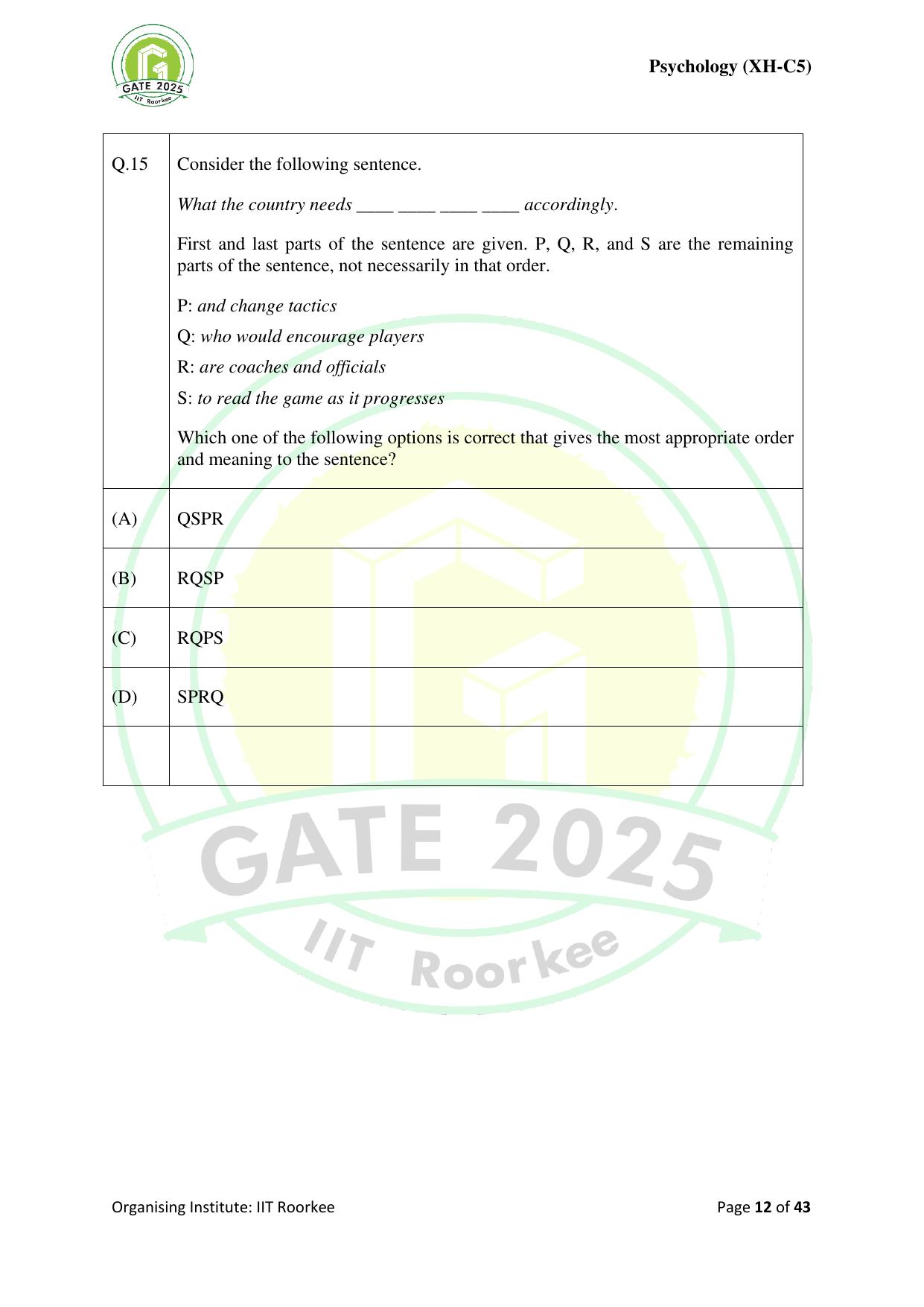 GATE 2025 Humanities & Social Sciences - Psychology (XH-C5) Question Paper - Page 12