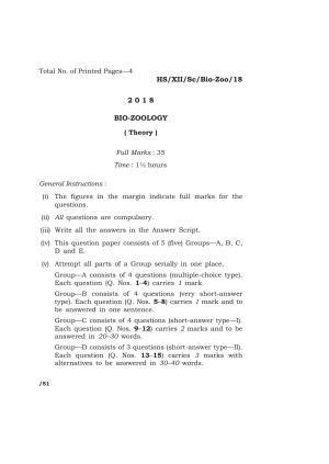 Meghalaya Board (MBOSE) Class 12 BIO-ZOOLOGY 2018 Question Paper