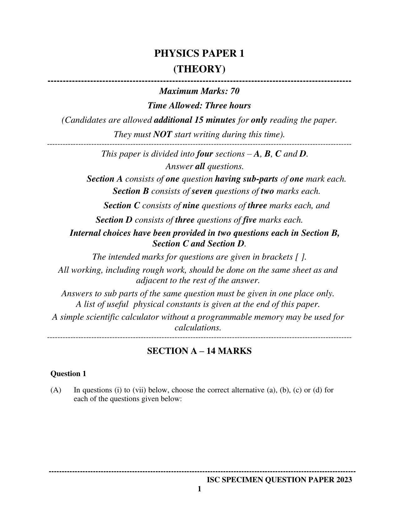 ISC Class 12 Physics Paper 1 Sample Paper 2023 - Page 1