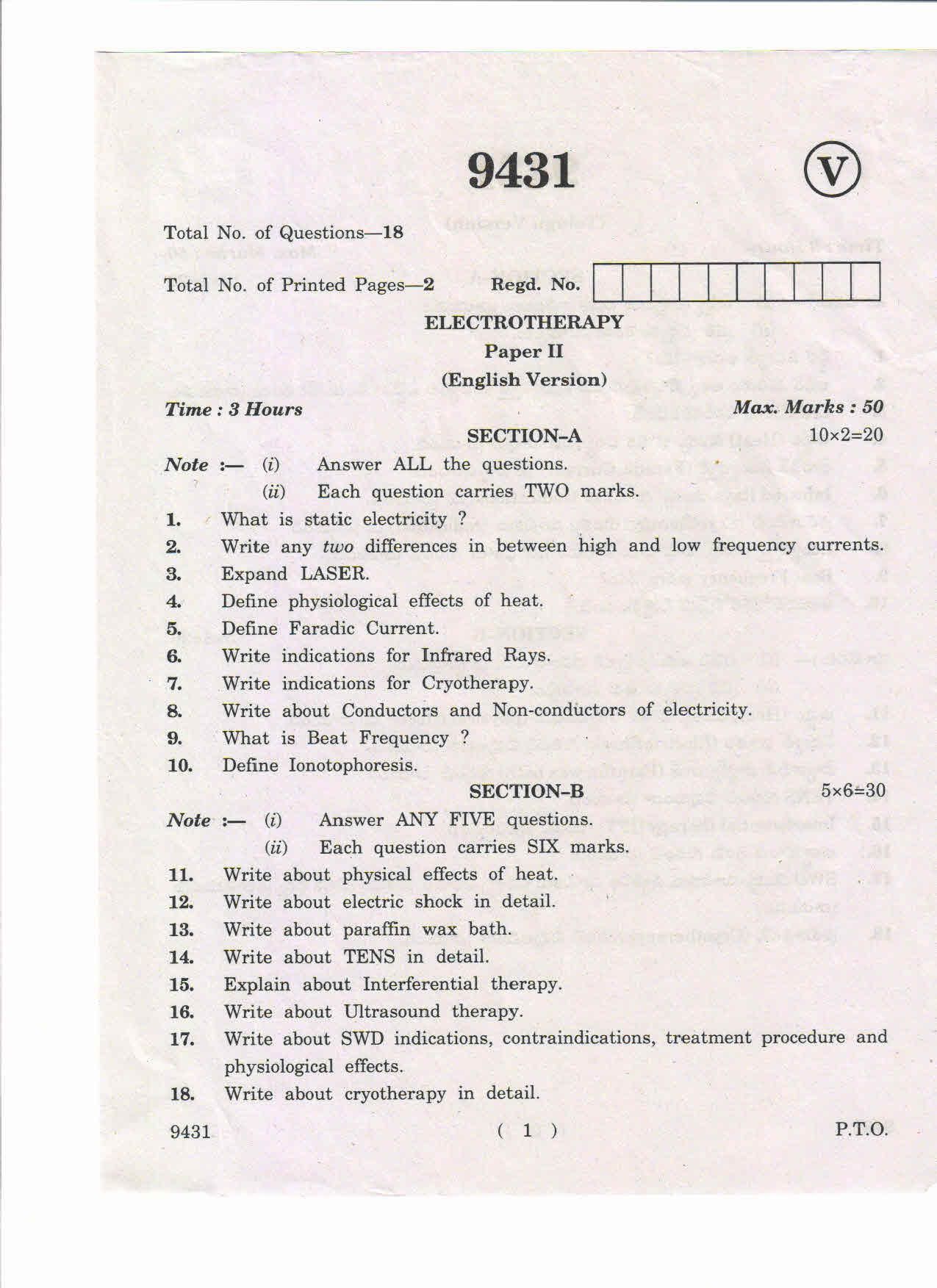 AP Inter 2nd Year Electrotherapy-II March-2019-Vocational Question Paper - Page 1