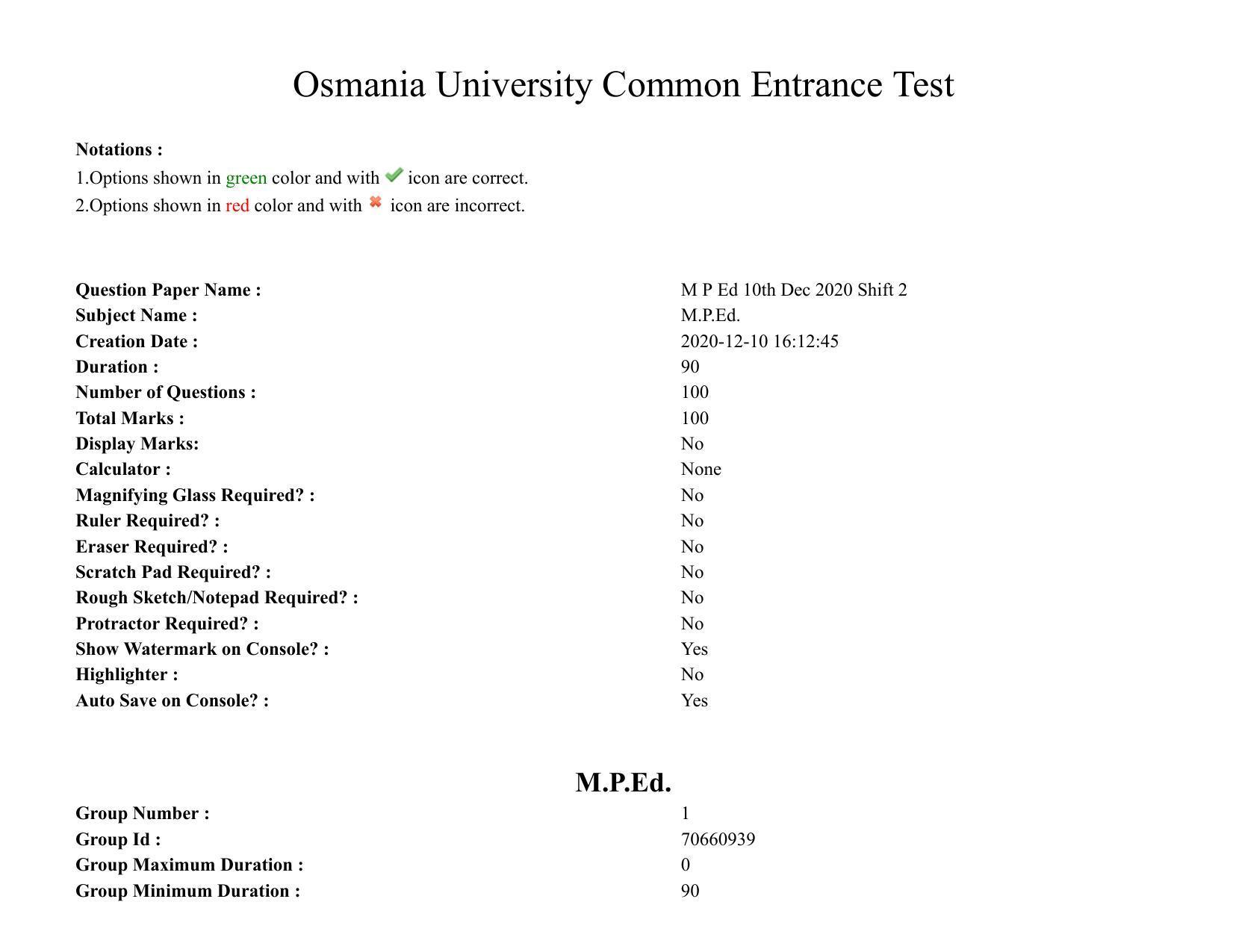 TS CPGET 2020 M.P.Ed. (Shift 2) Question Paper with Answer Key - Page 1