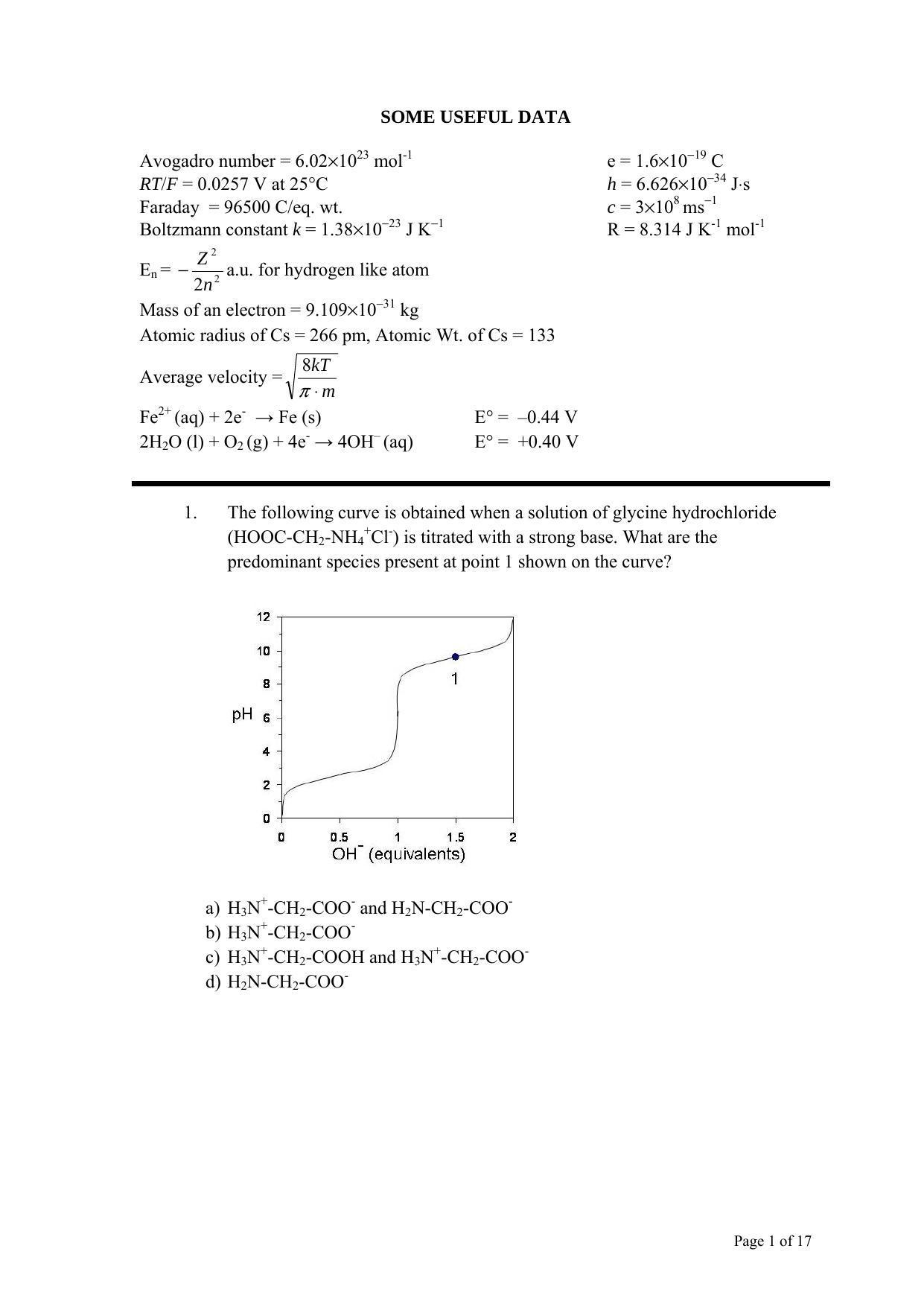 TIFR GS 2011 Chemistry Question Paper - Page 1