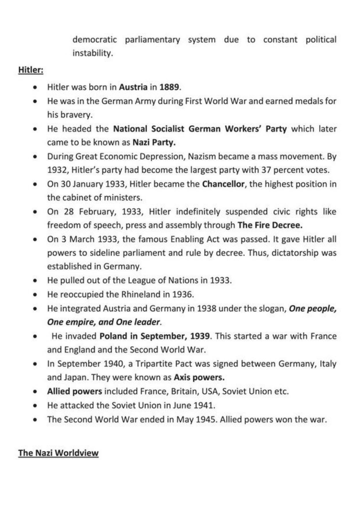 Class 9 Notes, Question & Practice Paper - History (Topic 3 : Nazism and the Rise of Hitler) - Page 3