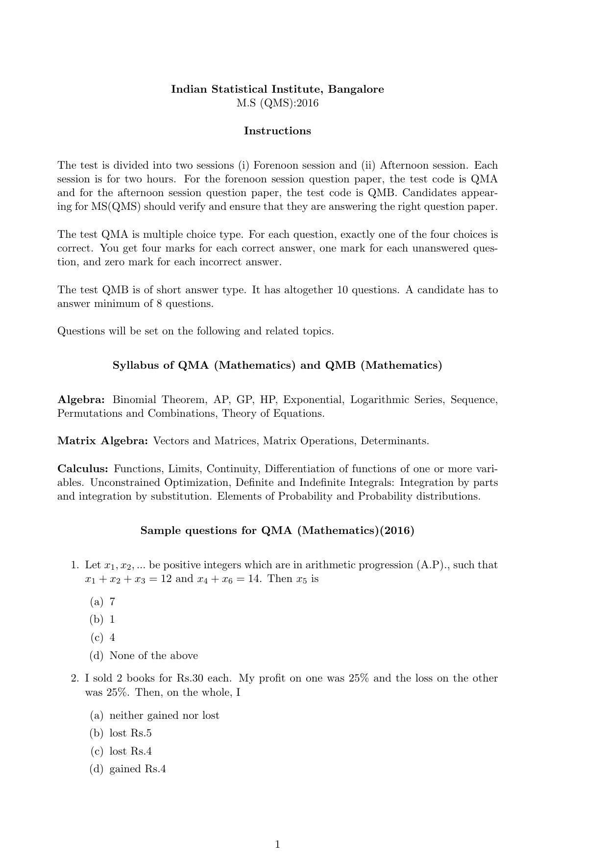 ISI Admission Test M.S.(QMS) QMB 2016 Sample Paper - Page 1