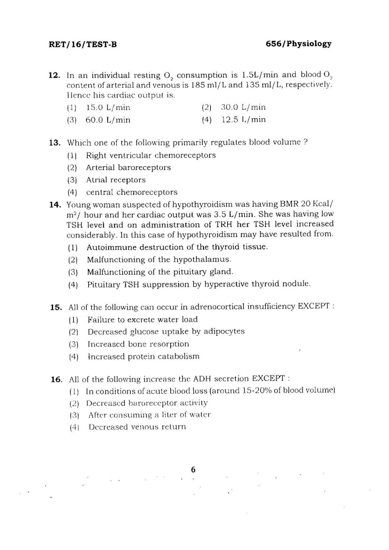 BHU RET PHYSIOLOGY 2016 Question Paper - Page 6