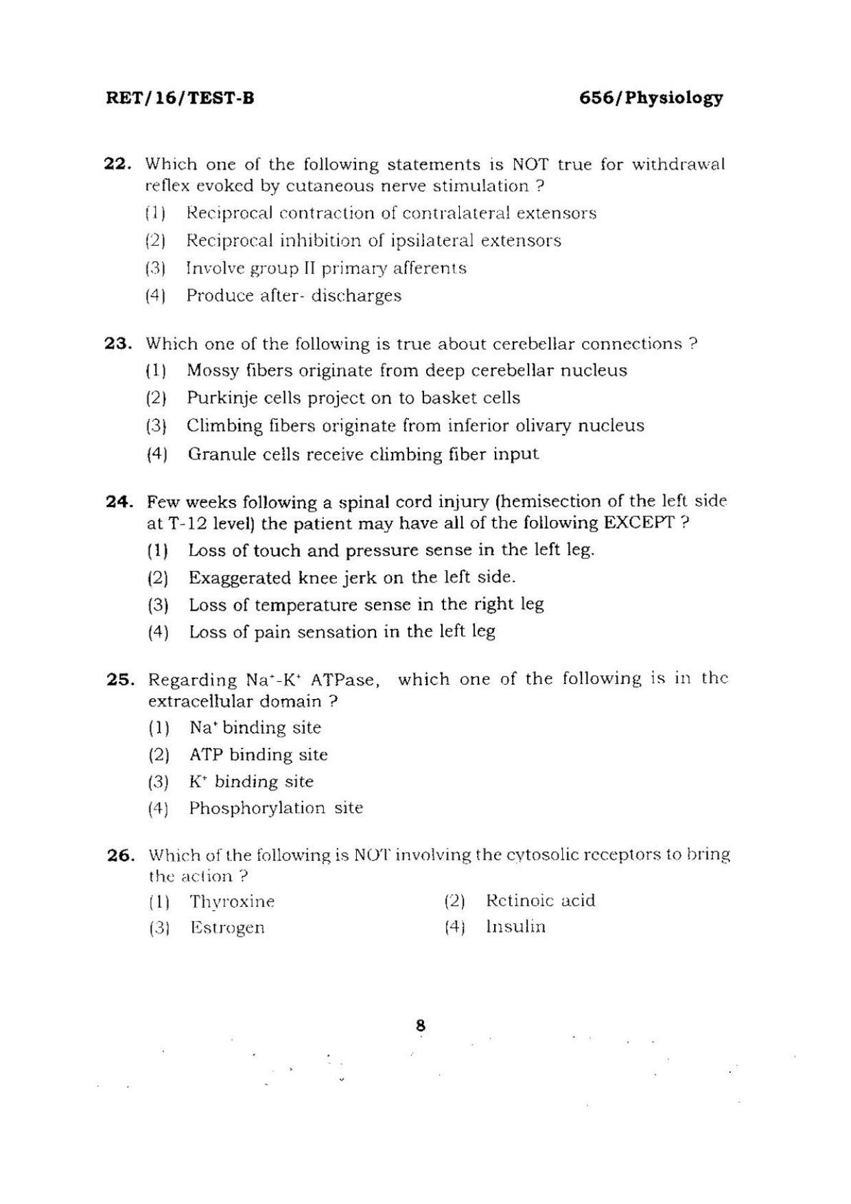BHU RET PHYSIOLOGY 2016 Question Paper - Page 8