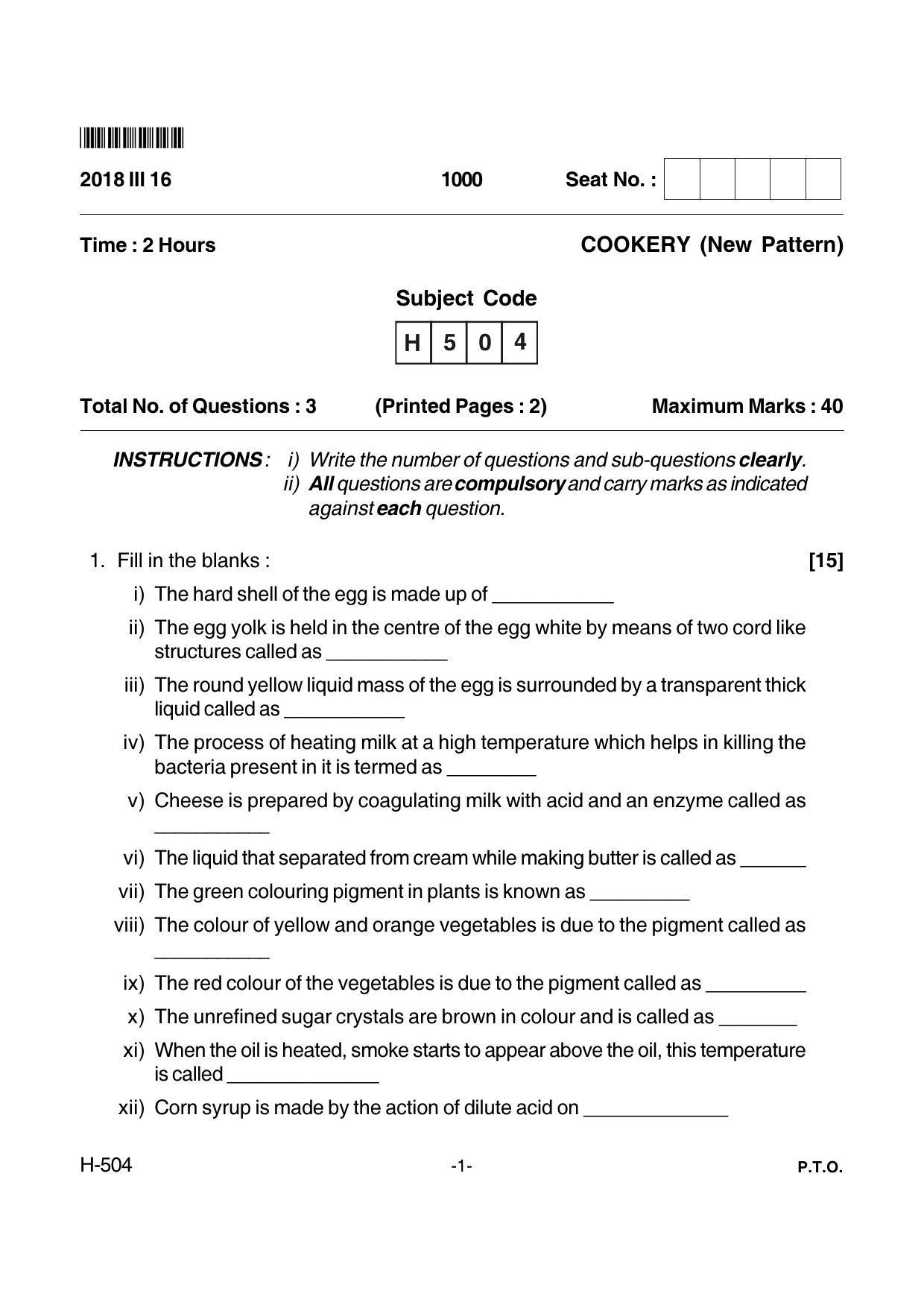 Goa Board Class 12 Cookery  504 New Pattern (March 2018) Question Paper - Page 1