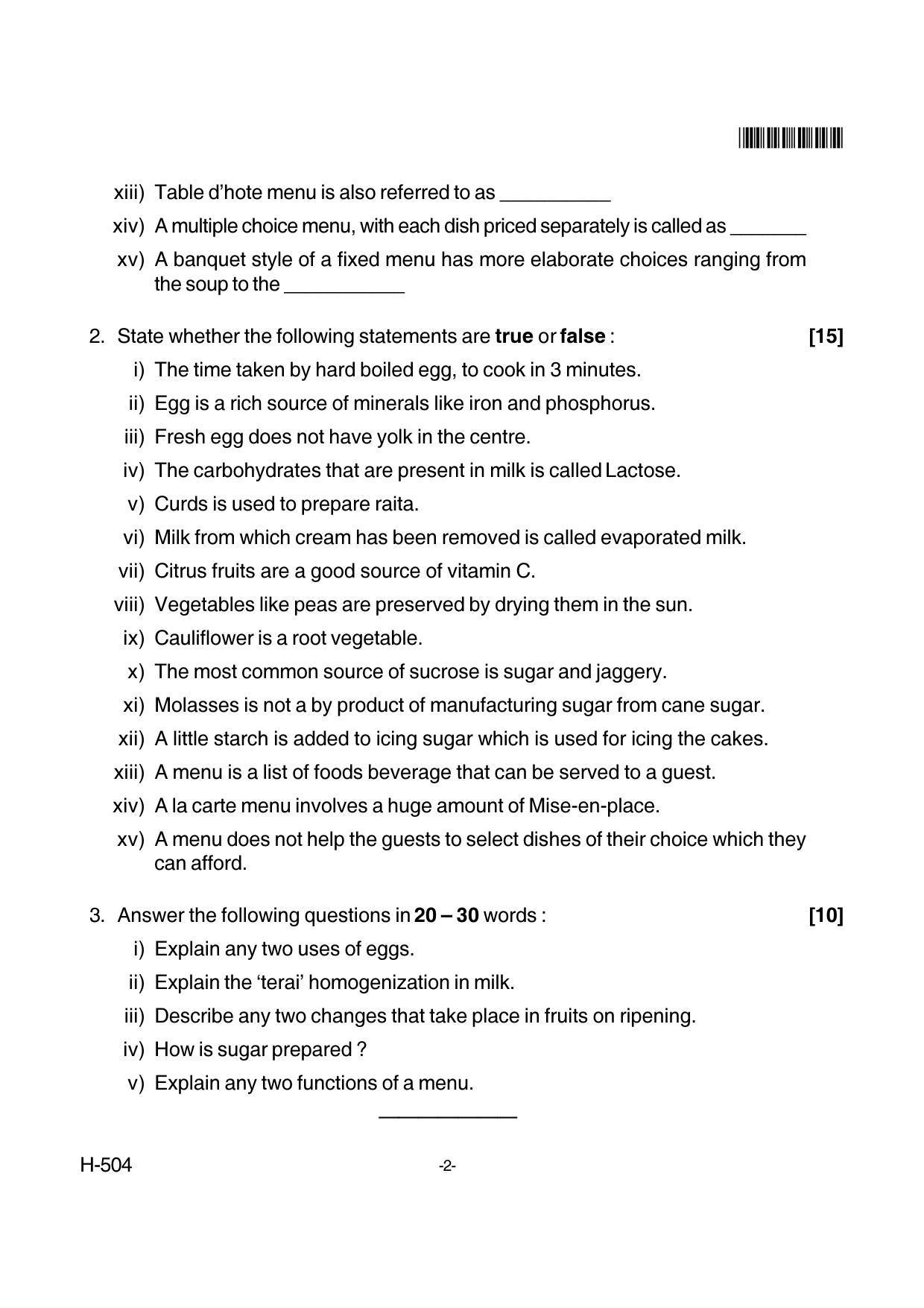Goa Board Class 12 Cookery  504 New Pattern (March 2018) Question Paper - Page 2