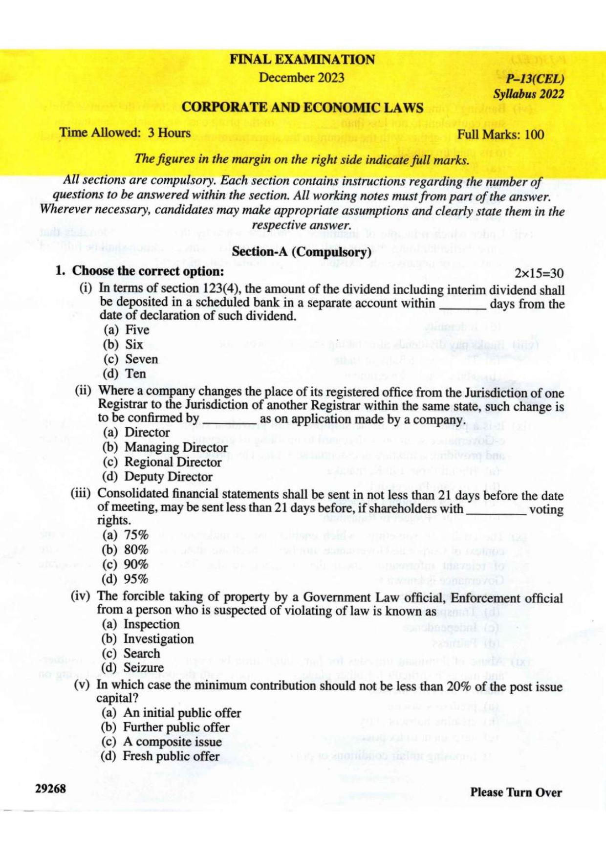 ICMAI Final December 2023 Question Paper - Corporate And Economic Laws - Page 1